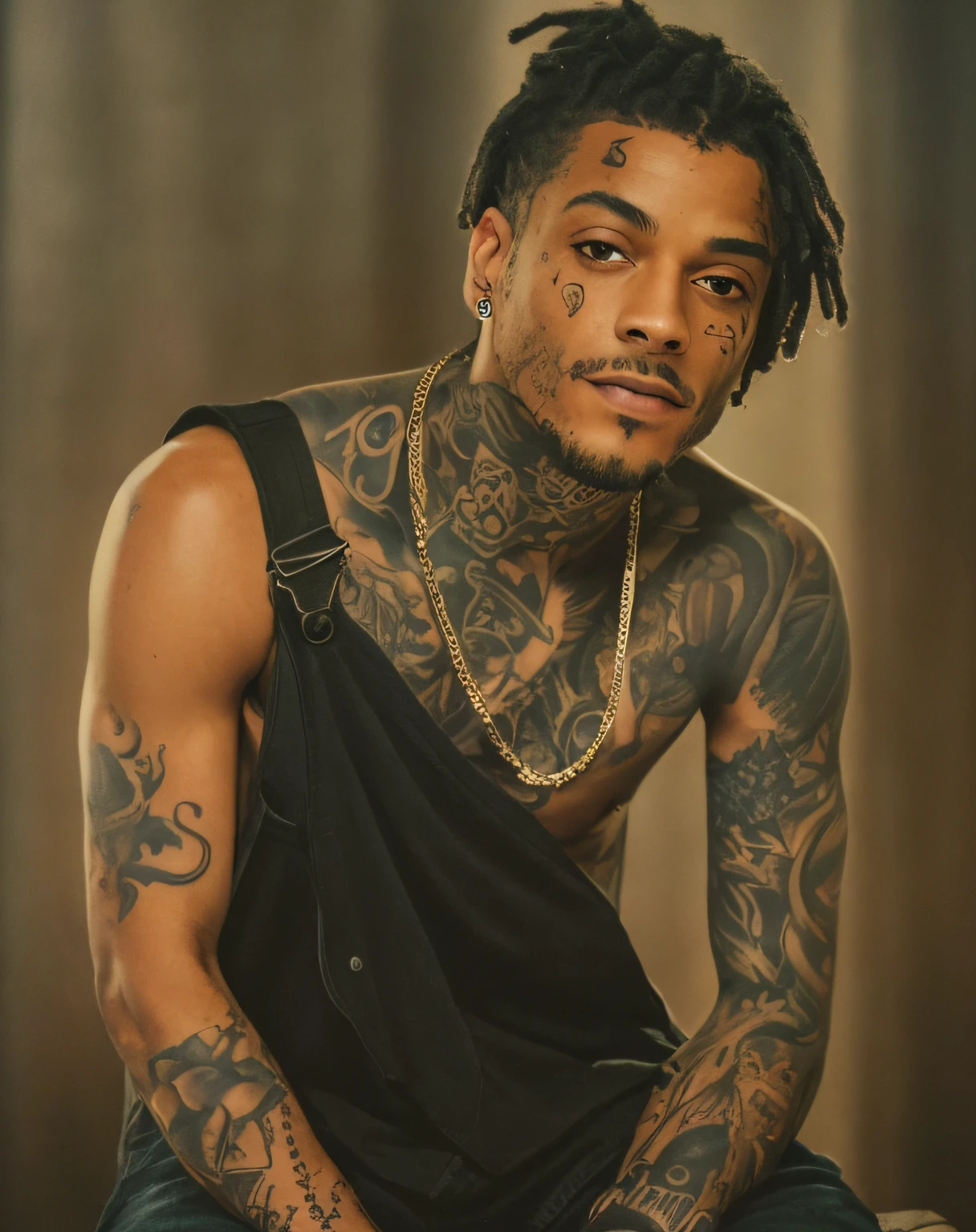 A closeup of a man with tattoos on his arms and chest, xxxtentacion, taken in the early 2020s, ✏️🎨, com tatuagens, Coberto, goodlooking, Wiz Khalifa, Arms covered in gang tattoo, Tiroteio de Sakuga, Tatuado, com tatuagem facial, Deiv Calviz, Estilo de Seb McKinnon, foto de perfil headshot