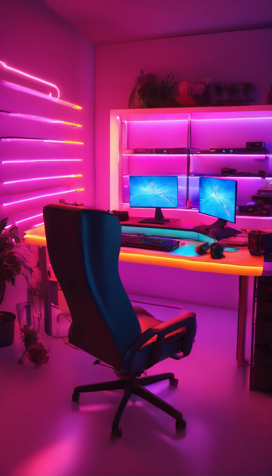 Gaming setup for streamers with neon lights in the best resolution without humans