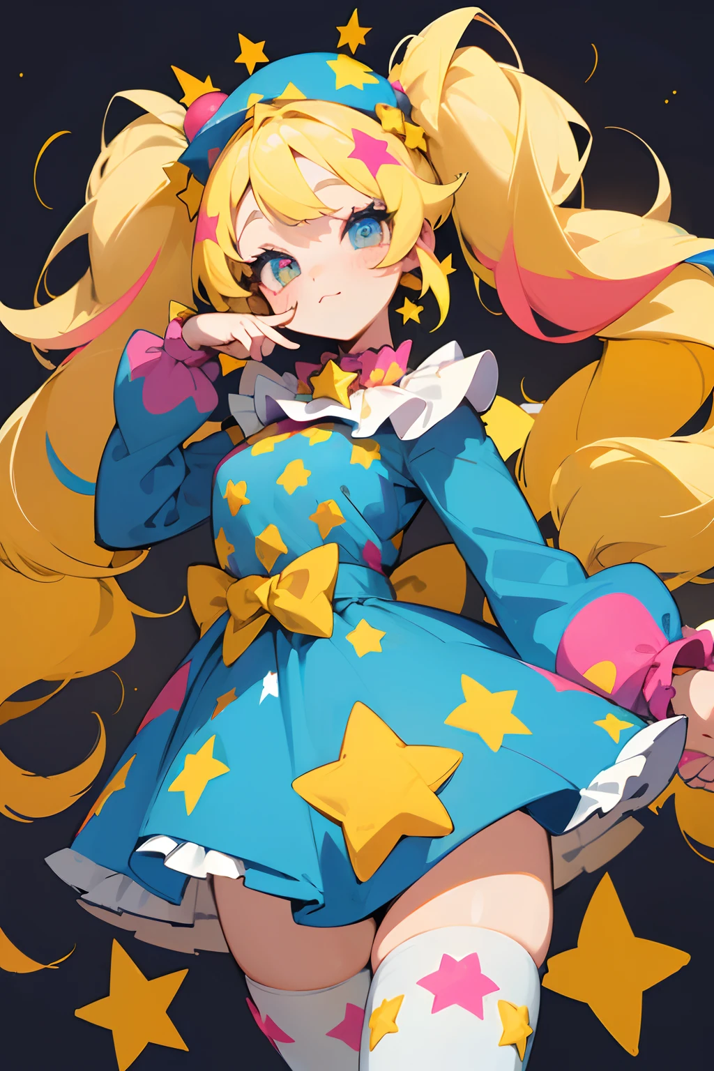 1GIRL, cowboy shot, CLOWN OUTFIT, CIRCUS ATTIRE, STARS, MULTICOLOR, FLUFFY HAIR, MAKEUP Character design sheet of a astronomical clown girl, finely detailed, (best quality), (intricate details), multicolored, ((long blonde hair)), ((hair in pigtails)), best quality, ((short puffy long sleeve clown dress)), ((blue dress with yellow stars)), ((white ruff clown collar)), ((thigh high socks)), ((socks are white with yellow stars)), ((round eyes)), wears a big blue bow on head, beautiful face, cute face, pinup, perfect face, twinkle background
