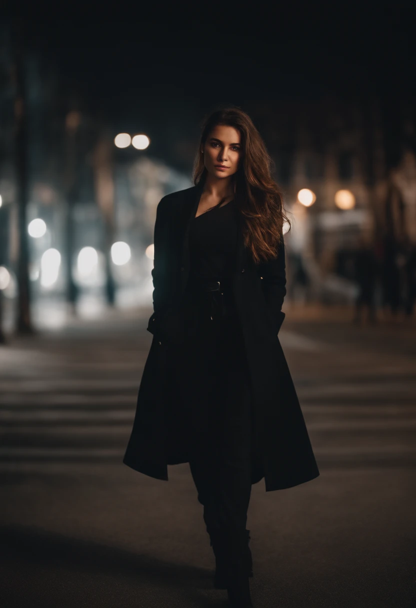 A woman in a black coat walking down a street at night - SeaArt AI