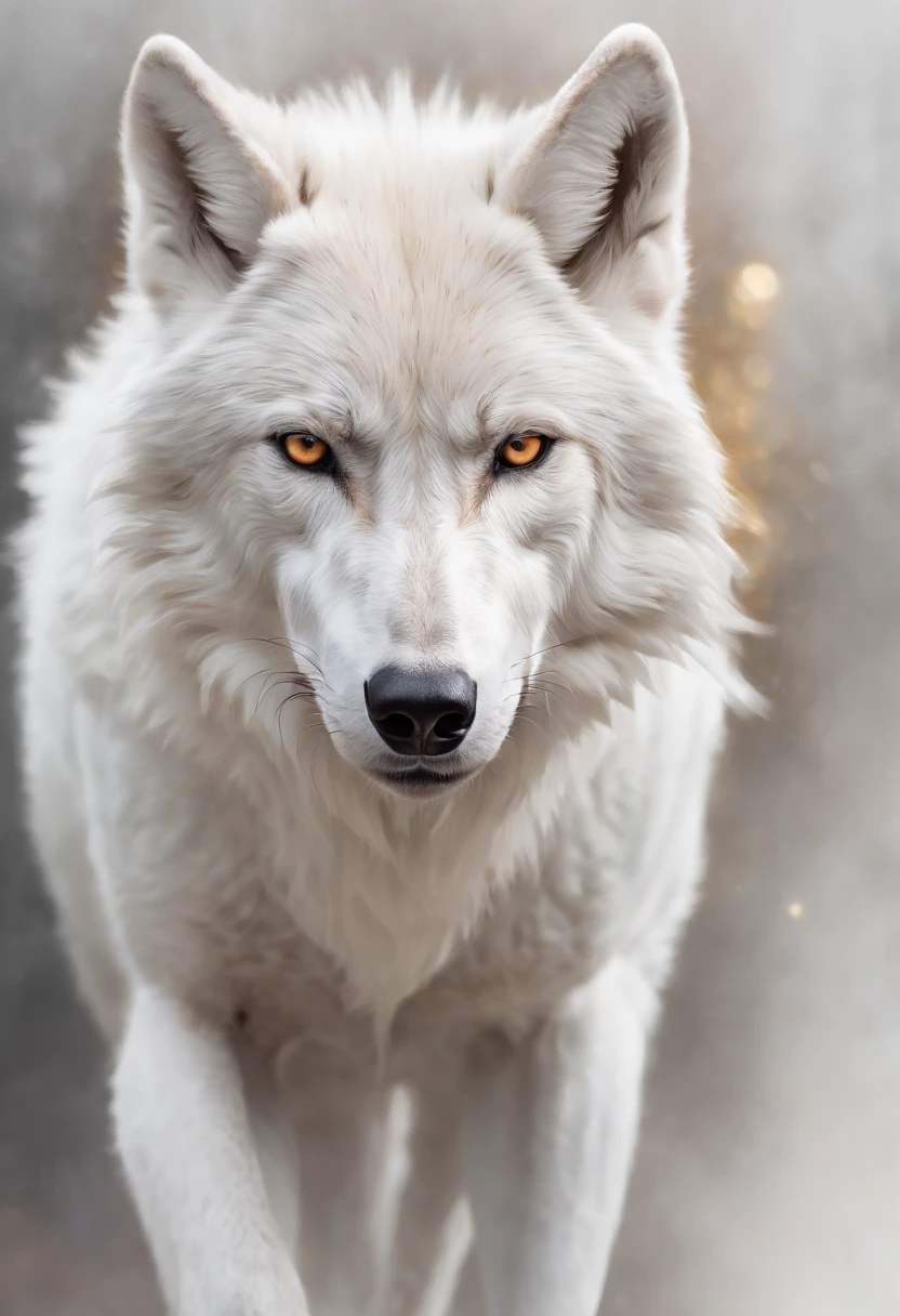 portrait of a white wolf and large, piercing, fixed gaze drawn in the style of concept art found in the Metal Gear Solid art book. Focus on the abstract, Impressionistic and gestural elements, Utilisation des rayures, Stains and dry brushing to create a sense of movement and texture in the image. Explore the wolf's collarbone and shoulders, Highlight details like wings and feathers that evoke an ethereal feeling.

Utilisez une palette de couleurs qui comprend des nuances de noir, blanc, lilas, copper and gold to create a vivid and mysterious contrast. Make sure the image is abstract, with broken edges and a high-definition feel. Try to capture the essence of the Ghost Wolf while incorporating stylistic and technical elements from concept art from the Metal Gear Solid art book. Use watercolor to add depth and detail to the image.