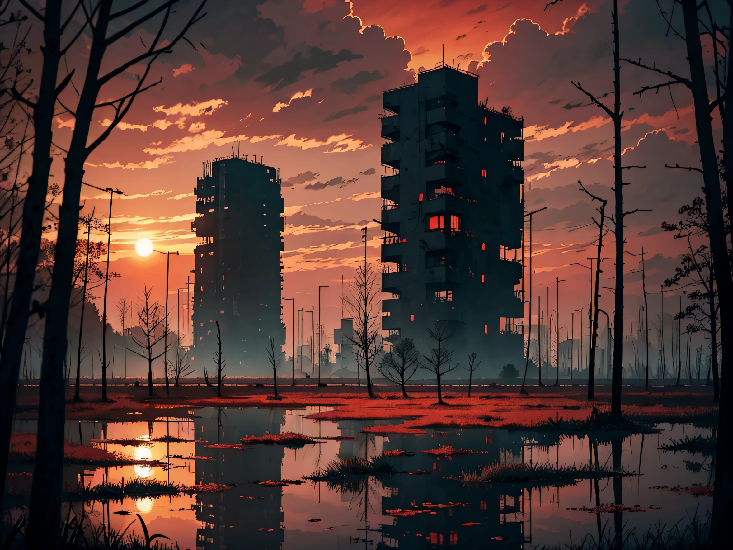 Detailed gloomy landscape, Hopeless, The atmosphere of dystopia, despair, Swamp with bare broken trees, The image is illuminated by the bloody dark red light of the setting sun