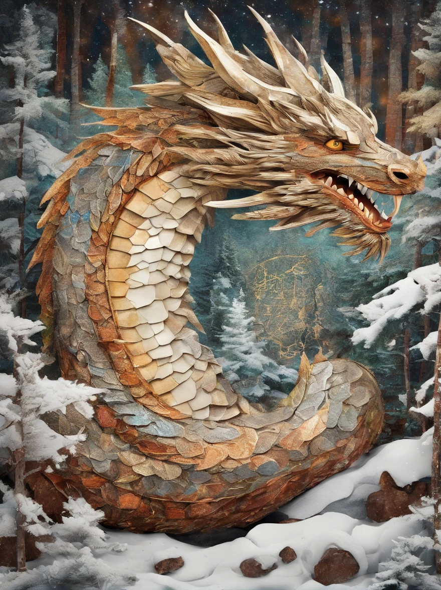 The dragon sleeps in the forest, curled up in a kolachik,lying on its belly, The head lies on the snow