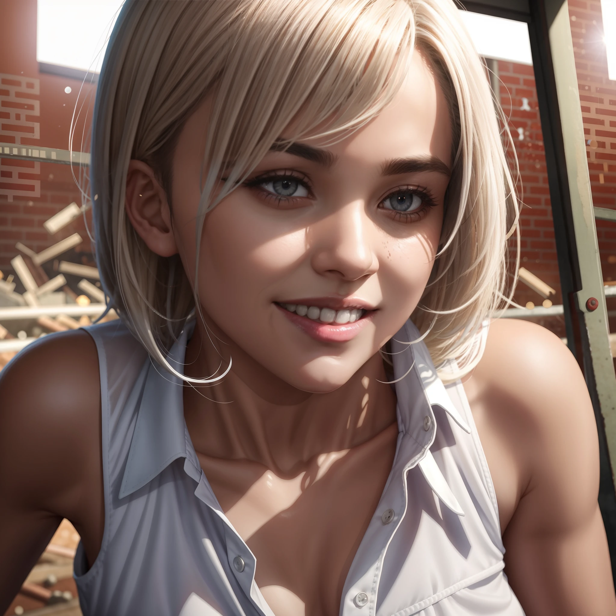 (wear a smile, flower, white background, grin, white shirt, looking at viewer, simple background, bouquet, upper body, white shirt:1.3), a (selfie:1.2) of a pretty (young:1.5) 1girl, black ebony Nigerian girl, (age:1.5), Rembrandt lighting, (white hair, wavy hair:1.36), alluring expression photograph for passports, ID cards, (close to viewer, POV:1.1), small breasts, from above, dynamic light, day light, sunshine, (freckles:0.2), (dark mole:0.2), (skin spots, acnes, real pores, skin blemishes, age spot, lanugo:0.2), (in an old abandoned slaughterhouse:1.3) NaturalHand2-3500 cinematic angle, (cinematic_light, cinematic_shadows, bokeh, depth of field:1.2), natural skin texture, hyperrealism, hdr, hyperdetailed, RAW photo, photorealistic, best quality, highres, realistic, 8k, caustics, dynamic light, beautiful and delicate lips, delicate fingers, detailed pupil, real human skin,