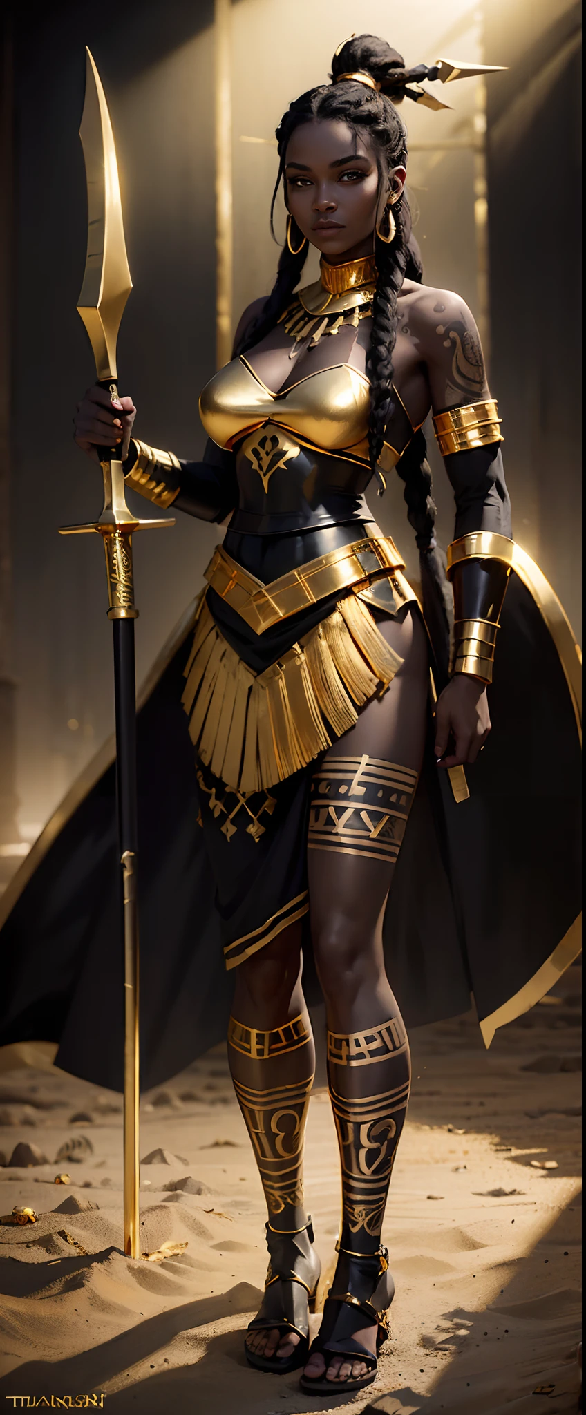 A full body ebony woman standing, ((holding a spear resting on the ground)), (happyness look:1.4), (wearing black and golden battle outfit:1.8), (long dreadlock hairstyle:1.3), (reflective eyes:1.2), (tribal tattoo:1.5), (imposing pose:1.1), sunrise backgroud, sunray, hyper detailed, hyper realistic, look at the the viewer, 4k, wide depth of field, radiant mapping, high dynamic range, masterpiece,