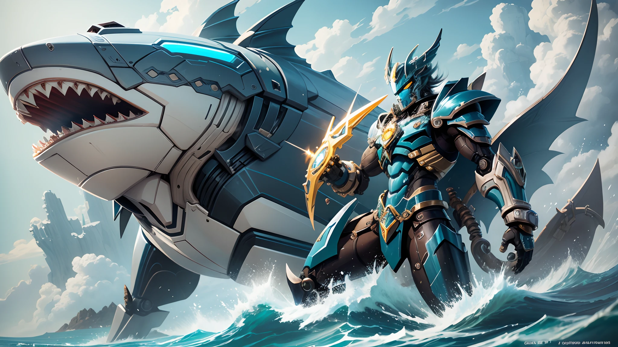 A robot steampunk great white shark machine blend Bionicle Whale,cartoon painting saint seiya 2d art by Teysuo Hara --auto --s2