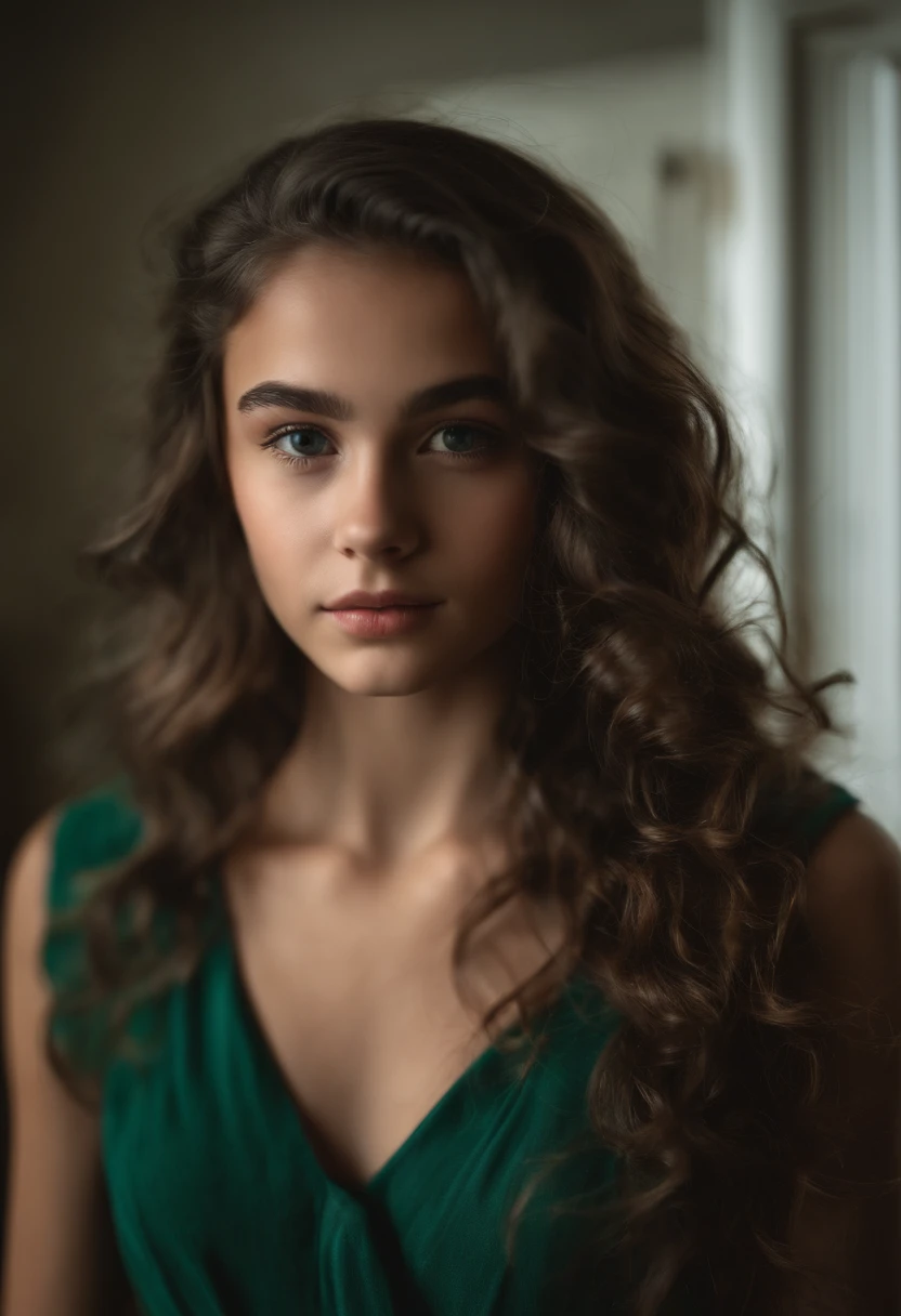 Fille de 14 ans aux cheveux bruns , Well curled and long, il a les yeux vert feuille , elle fait un selfie , She's in this room