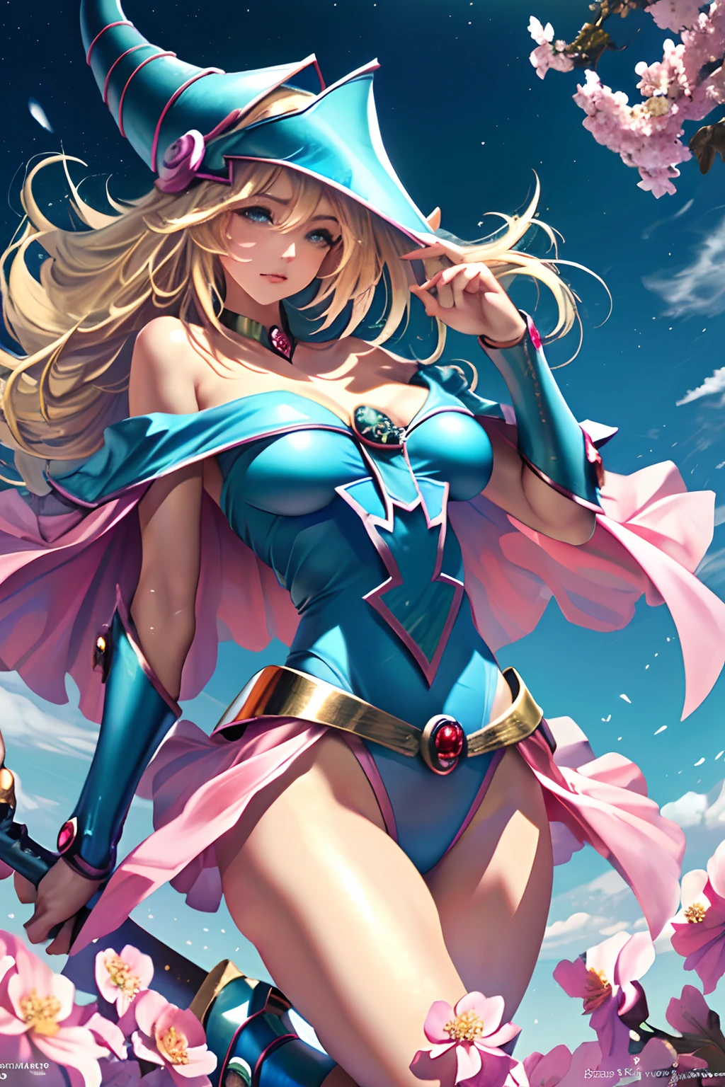 Dark magician gils ((mejor calidad)), ((obra maestra)), (detallada), rubia, smal boobs, smal boobs, seductive succubus, Ethereal Beauty, Perched on a pink flowering tree, (Fantasy Illustration: 1.3), mirada encantadora, cautivadora pose, chica dark magician gils sola, delicadas alas de mariposa, encanto de otro mundo, mystical sky, (Luis Royo:1.2), (Yoshitaka Amano:1.1), Moonlit morning, colores suaves, (nubes detalladas:1.3), (high resolusion:1.2) ( dragon flying in the sky) vestido, piernas colgando sobre el estanque, diosa griega, realista, realismo, cuerpo sexy, Desert Landscape