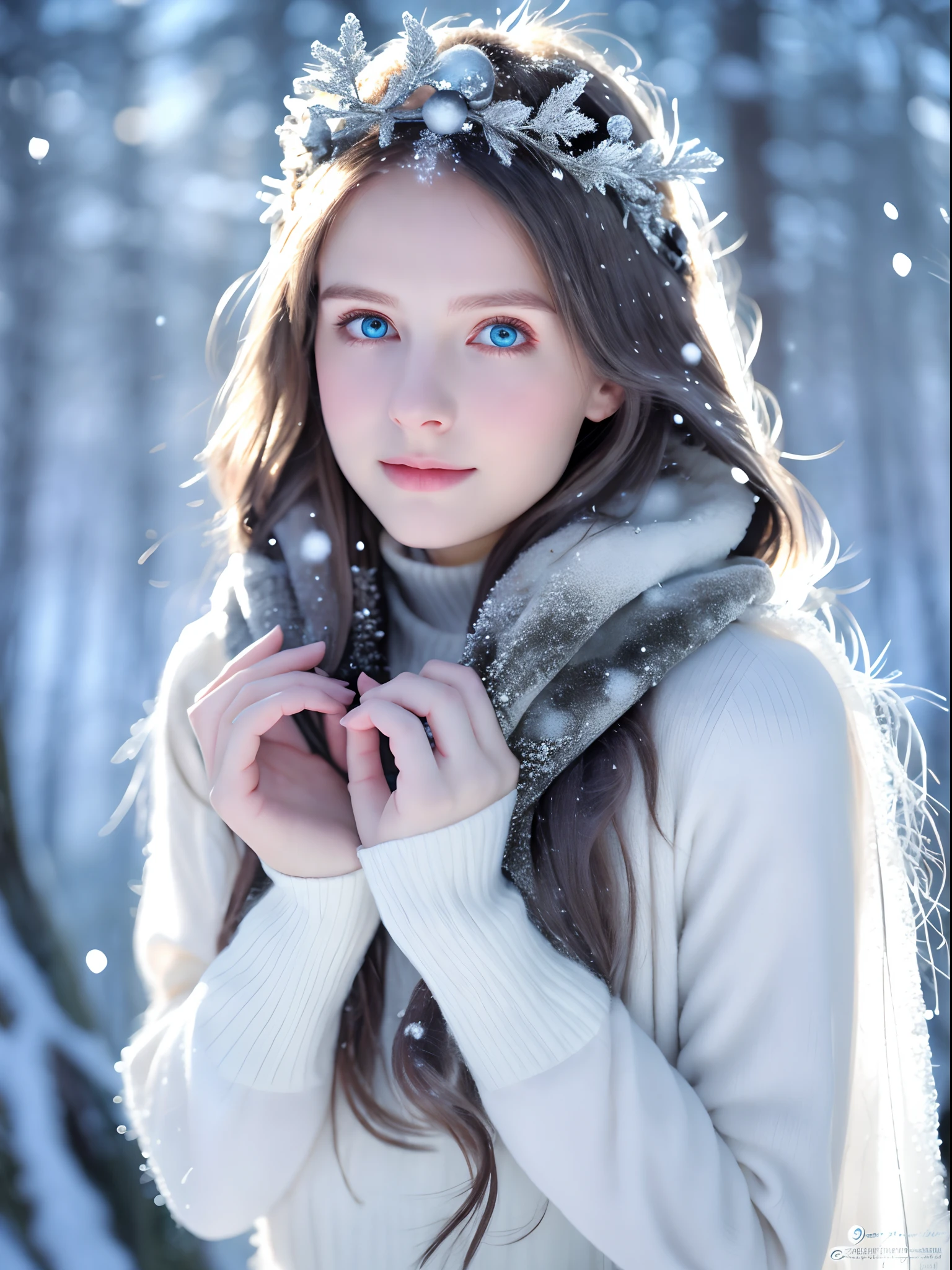 Realistic, photorealistic, Snow winter fairy, gentle beautiful 19 years old woman, in mystic winter forest, ice silver hair, small crown of ice, no makeup, beautiful detailed face, cute sexy, pleasure, beautiful eyes, perfect bright eyes, full body, dinamic pose, white dress of ice particles, perfect anatomy, Slim physique, professional photography, bird's eye viewing, magical aesthetic, fantasy aura, cinematic light, Centered image, human hands, elegant, approaching perfection, cannon 6d, blured background of mystical winter forest, winterstormfine facial traits, (depth of field), cinematic
