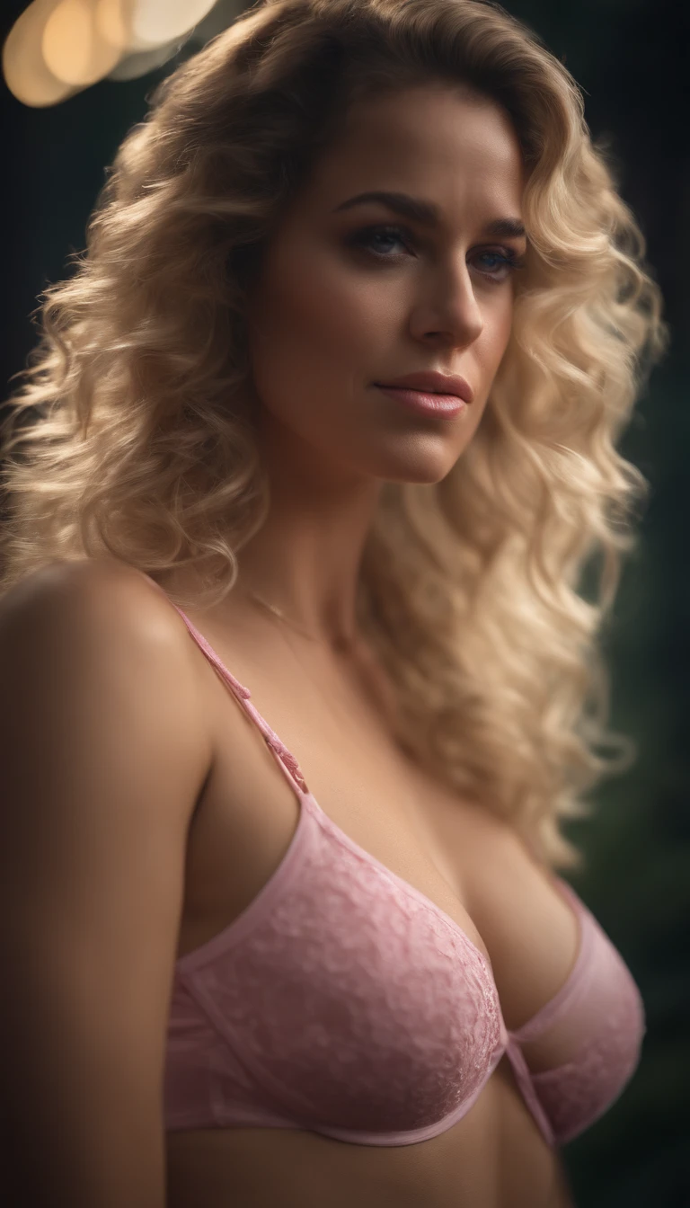 beautiful curly hair,detailed face,pink bra,big breasts,pain,crying,tears,(best quality,4k,8k,highres,masterpiece:1.2),ultra-detailed,(realistic,photorealistic,photo-realistic:1.37),emotional portrait,portrait photography,colorful lighting,sadness