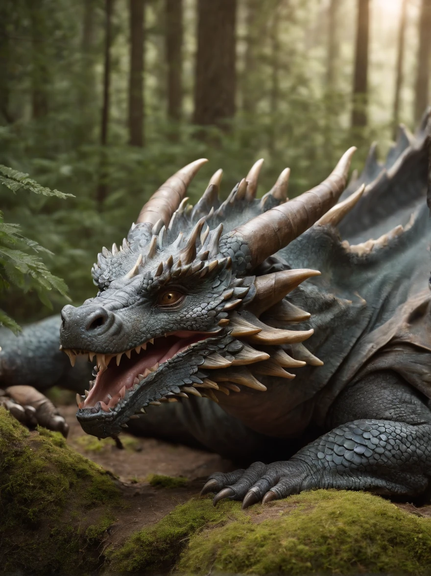 The dragon sleeps in the forest, curled up in a kolachik,lying on its belly, The head is on the ground