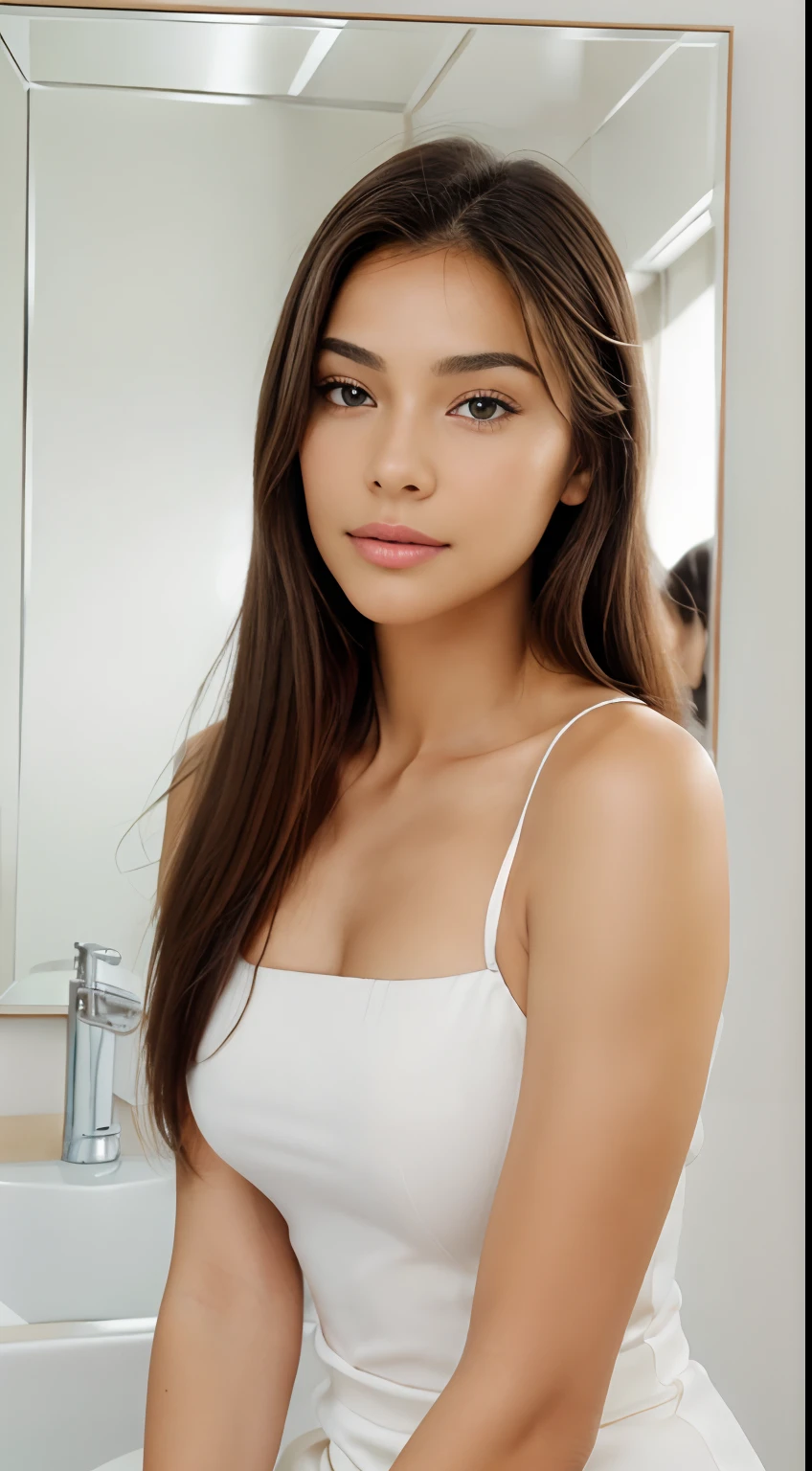 a woman brushing her hair in front of a mirror, clear makeup, clean and neat, clean hair, clear lips and high quality, clean face and body skin, clear clean face, clear clean, clean and clear face, clean detail 4k, clean and simple, clear cute face, how to, clear facial features, natural look, clean photorealistic realistic, clean