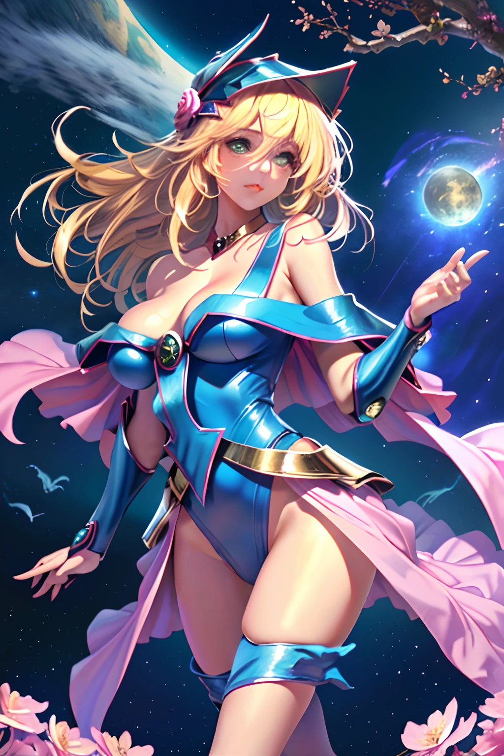 Dark magician gils ((mejor calidad)), ((obra maestra)), (detallada), rubia, smal boobs, smal boobs, seductive succubus, Ethereal Beauty, Perched on a pink flowering tree, (Fantasy Illustration: 1.3), mirada encantadora, cautivadora pose, chica dark magician gils sola, delicadas alas de mariposa, encanto de otro mundo, mystical sky, (Luis Royo:1.2), (Yoshitaka Amano:1.1), Moonlit morning, colores suaves, (nubes detalladas:1.3), (high resolusion:1.2) ( dragon flying in the sky) vestido, piernas colgando sobre el estanque, diosa griega, realista, realismo, cuerpo sexy, Desert Landscape