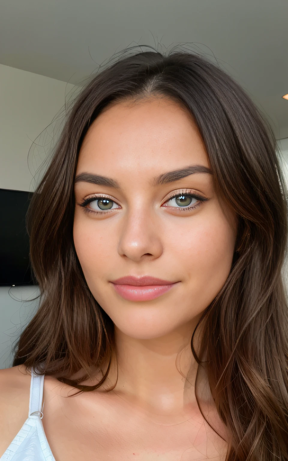 Belle brune portant un pull beige clair, pulpeuse (Nail care in a modern beauty salon), Very detailed, 21 ans, visage innocent, natural wavy hair, yeux bleus, High resolution, Masterpiece, Best quality, Intricate details, highly detailed, mise au point nette, detailed skin, realistic skin texture, texture, detailled eyes, professionnel, 4K, sourire charmant, filmed on Canon, 85 mm, faible profondeur de champ, Couleur Kodak Vision, perfect fit body, Extremely detailed, photographier_\(ultra\), photoreallistic, Realstic, Post-traitement, maximum details, roughness, real life, ultra realist, photorealism, photographie, 8K UHD, photographie