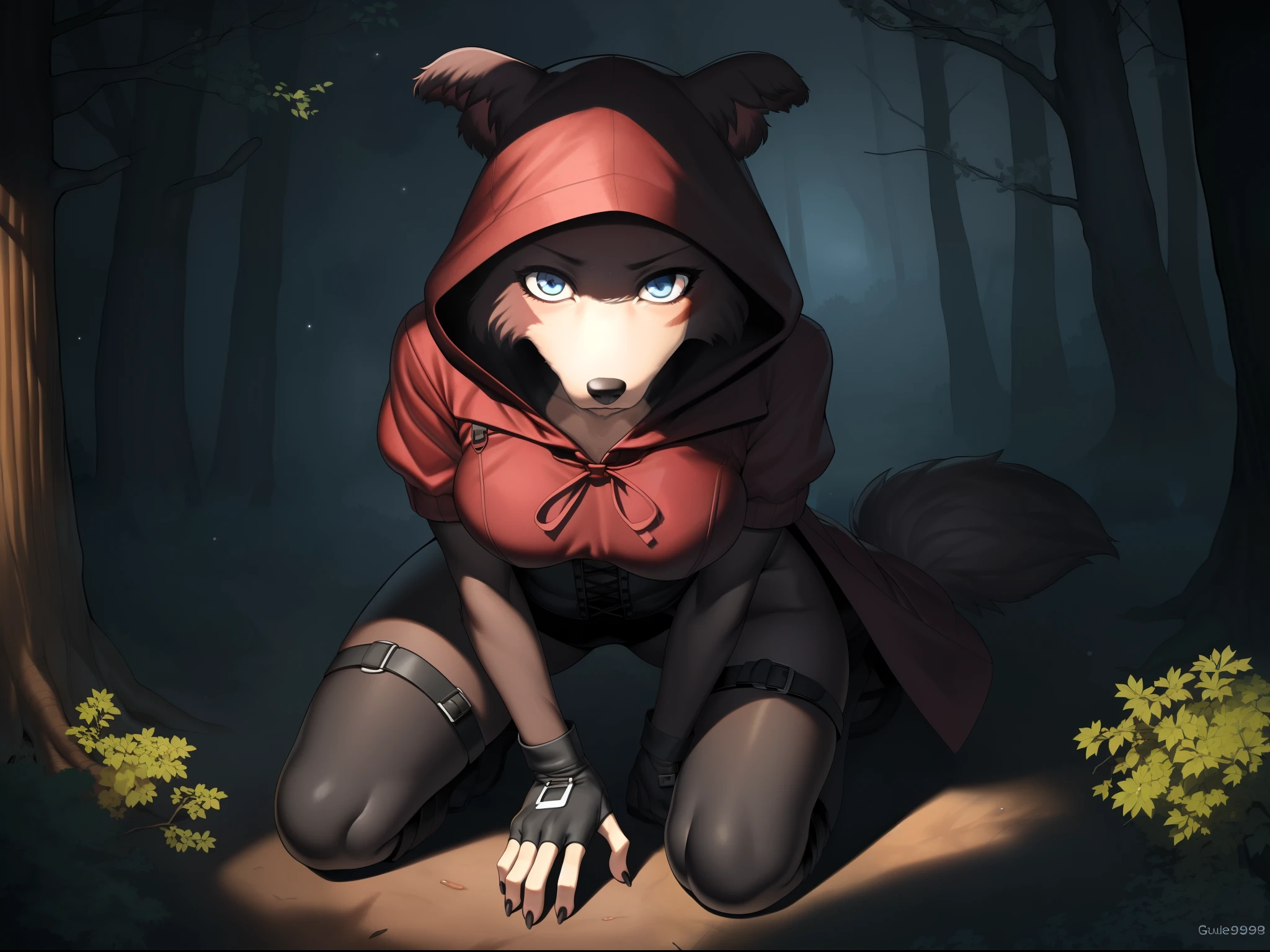 Solo:1.4, Juno, blue eyes, by gudlmok99, by sleepiness18, brown wolf girl, in a forest, wearing red hooded cloak, wearing red hood, black leather gloves, black leather bracers,, black stiletto boots, black corset, black leather shorts, on a treetop, close up, serious face, nighttime, sprinting towards viewer, front view
