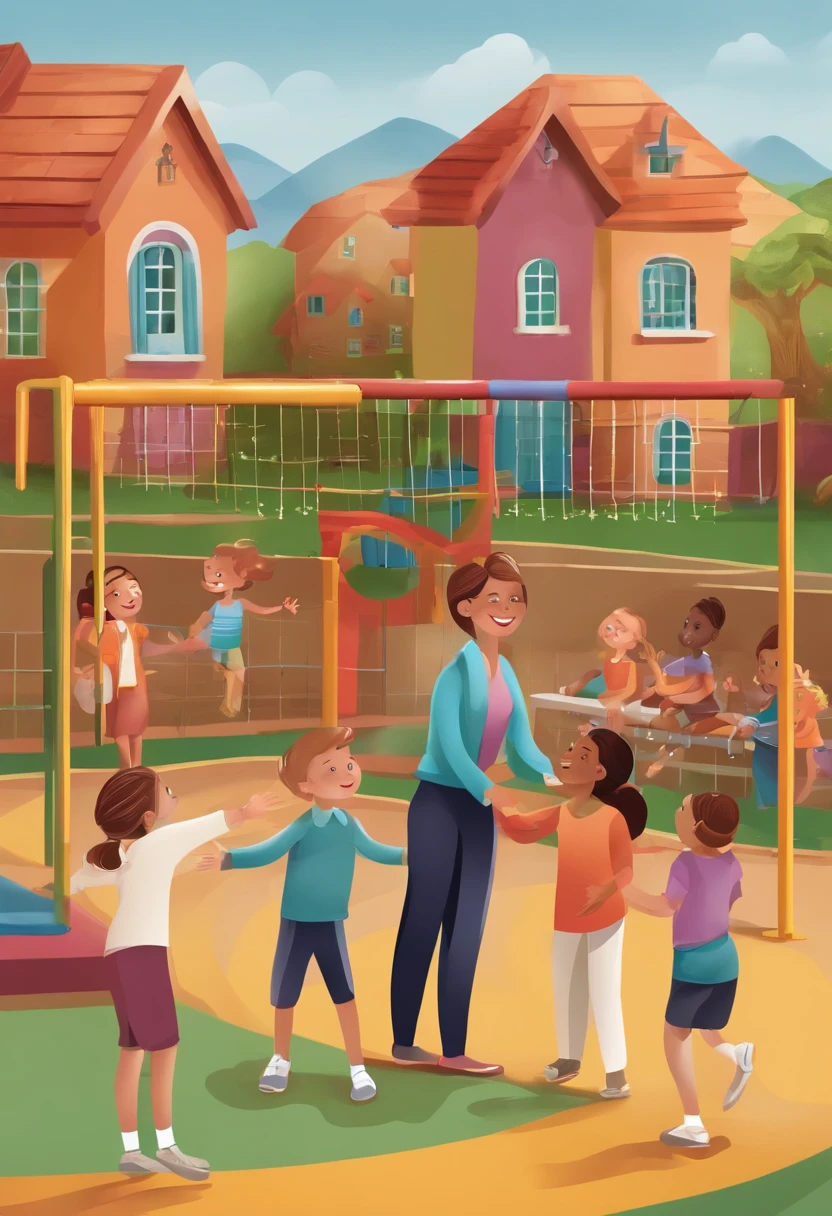 Draw a happy councillor interacting with children on a playground, showing their dedication to improving the quality of life for families in the community