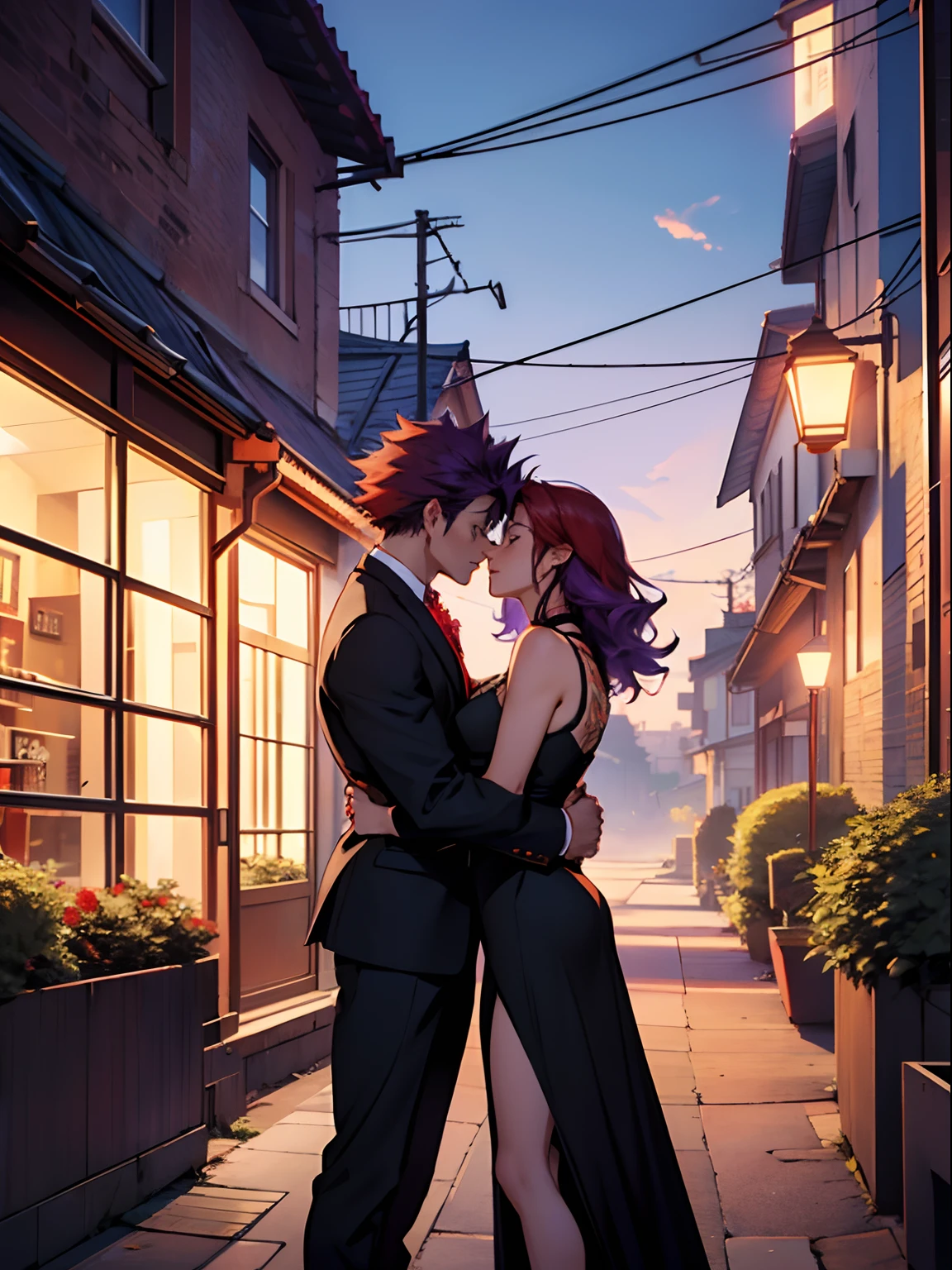 Eijiro Kirishima Guy. Guy's red hair. Tall guy with red hair. ((Guy's red hair)). Tuxedo Guy. Guy standing in suit. Girl with long hair. ((Girl with purple hair)) ((Kirishima Eijiro's boyfriend, My Anime Hero Academia)) Girl in a black dress. Black Bodycon Silk Dress. Girl with purple hair. Girl Purple Eyes. Roof of the building. Aesthetic terrace. Beautiful lighting. Sundown. the kiss