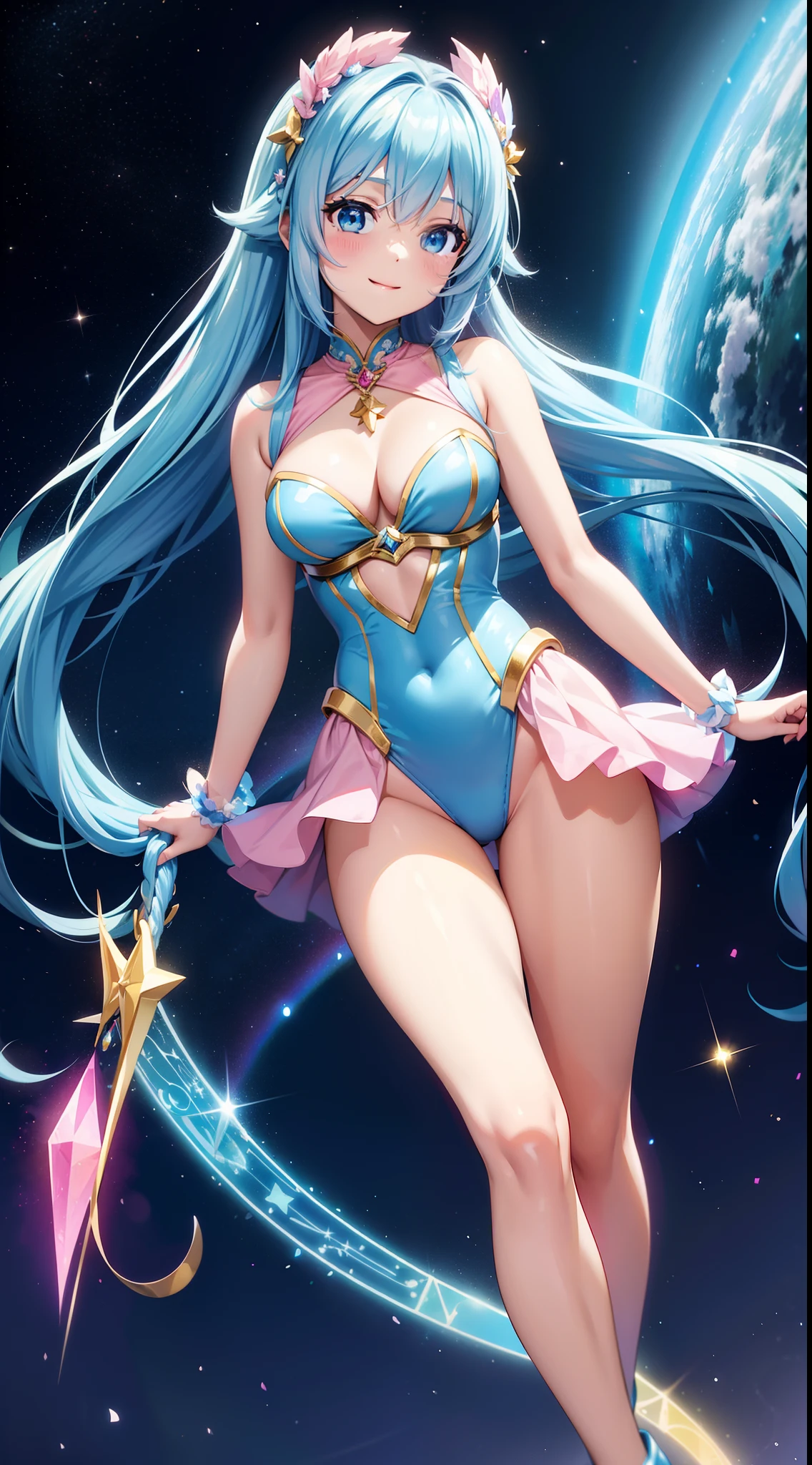 Super Idol a beauty girl A charming smile sky blue hair length hair Facing straight ahead Twin-tailed Glittering pink and white、Blue and yellow leotard costume Mystical Fantasia constellation a moon Crystal Brilliance Aurora Borealis in the Night Sky