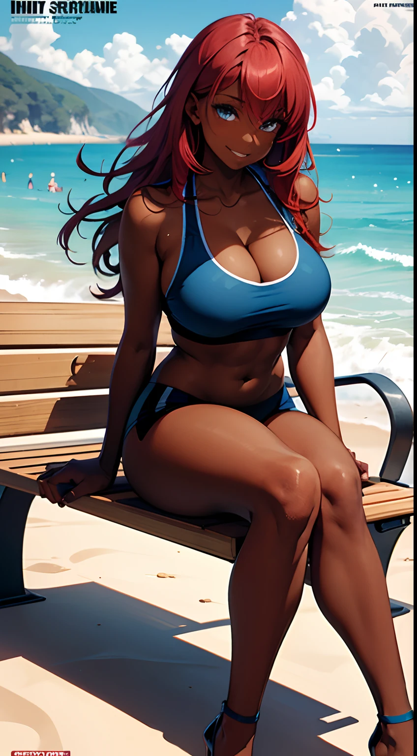 (masterpiece), best quality, expressive eyes, perfect face, breasts, long crimson colored hair, blue eyes, 1girl, tan skin, large_breasts, cleavage, full_thighs, bare_legs, high_heel_shoes, anime_shine, entire body view, head to toe, confident smile, tan skin, tan_skin, hinata hyuga, long crimson-colored hair, dark skin, bare legs, milf, curvy
"A young woman with tan skin, crimson hair, and piercing blue eyes is featured on the cover of Sports Illustrated. She sits confidently on a bench overlooking a sunny beach, legs gracefully crossed wearing stylish athletic shorts and a tank top. One hand brushes back her windswept hair as she smiles brightly, exuding a relaxed yet energetic spirit. The sun-kissed ocean setting in the background speaks to her adventurous personality. The overall scene depicts her as a well-rounded athlete and individual defined by much more than her appearance or a bikini."