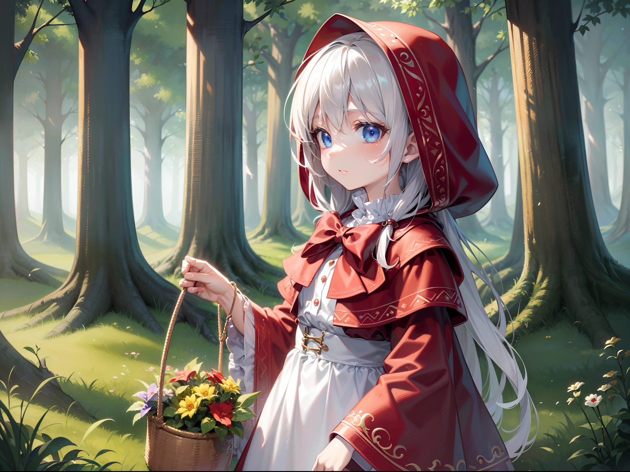 ((Finest quality)),(超A high resolution),(ultra-detailliert),((Best Anime)),sharpnes,vivid:1.1,Fantasy art with astounding depictions,In a dimly lit dense forest, (Little Red Riding Hood girl with basket),anxious expression,Standing:1.3