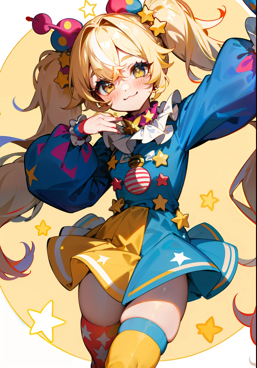 genshin game style, 1GIRL, CLOWN OUTFIT, CIRCUS ATTIRE, STARS, MULTICOLOR, FLUFFY HAIR, MAKEUP Character design sheet of a astronomical clown girl, finely detailed, (best quality), (intricate details), multicolored, ((long blonde hair)), ((hair in pigtails)), best quality, ((short puffy long sleeve clown dress)), ((blue dress with yellow stars)), ((white ruff clown collar)), ((thigh high socks)), ((socks are white with yellow stars)), ((round eyes)), wears a big blue bow on head, beautiful face, cute face, pinup, perfect face, twinkle background
