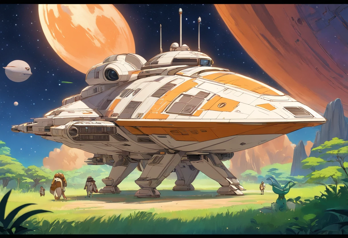 Star Wars style, square ship, mystery ranch cartoon starship, farm style starship, Star Wars starship, futuristic animal, animal aliens, Star Wars aliens, starship for living, vegetable starship storage, mystery starship storage, ranch starship, full size view, Star Wars animations, high texture, good quality, high resolution