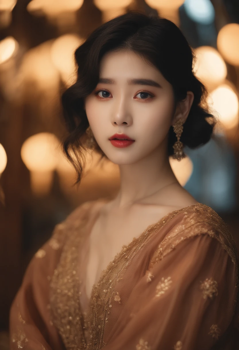 iu、8K、top-quality、masterpiece、超A high resolution、Raw foto、(Authentic skin texture:1.3)、(film grains:1.3)、(Selfie angle)、1girl、Round eyes and face、masterpiece、top-quality、a closeup、full bodyesbian