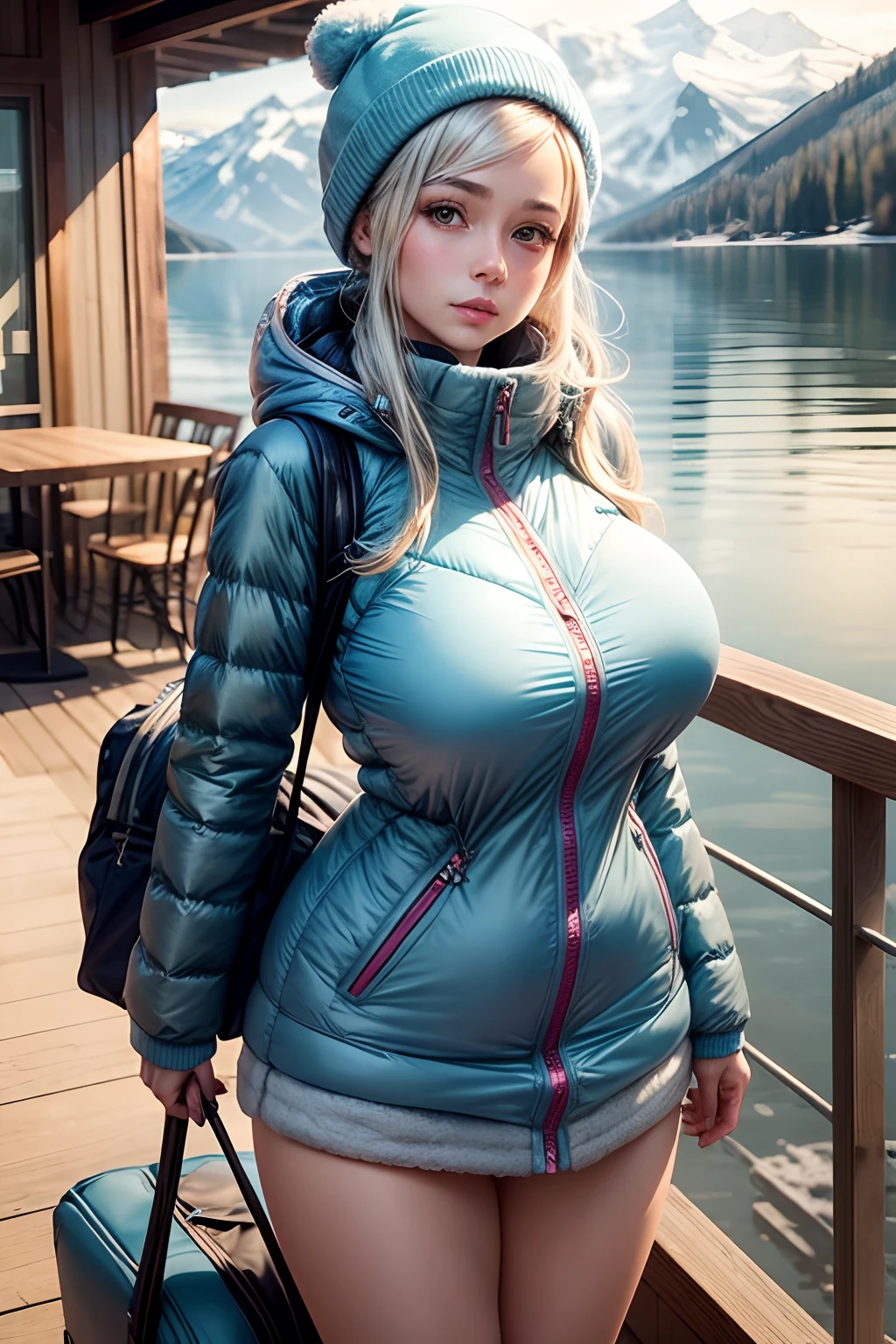 Make a woman with big breast, light blue long winterjacket , with open zipper, with face, body, Lakeside house, travel bag, dog Nude