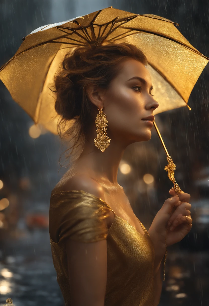 Golden tattoos with a girl in the rain with gold earrings, In the style of vray tracing, Martin alors, Yuumei, Versed, gros plan, dark white and gold, speedpainting, Masterpiece, Best quality,