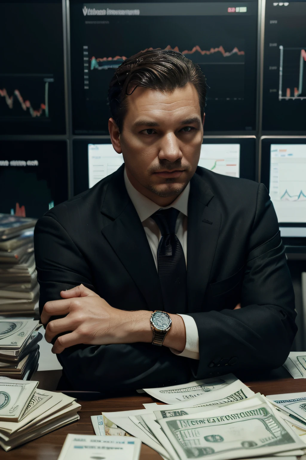 A man in a business suit is swimming in a pile of money with stock quotes and charts in the background,by steve haris, by lisa yuskavage, by serov valentin, by tarkosvky, 8 k render, detailed
