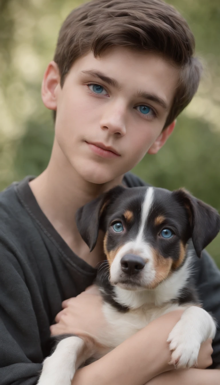 Fourteen-year-old boy ((He looked to be about fifteen years old)) Playing with a dog, Dark hair, Cyan eyes, Clothes in black