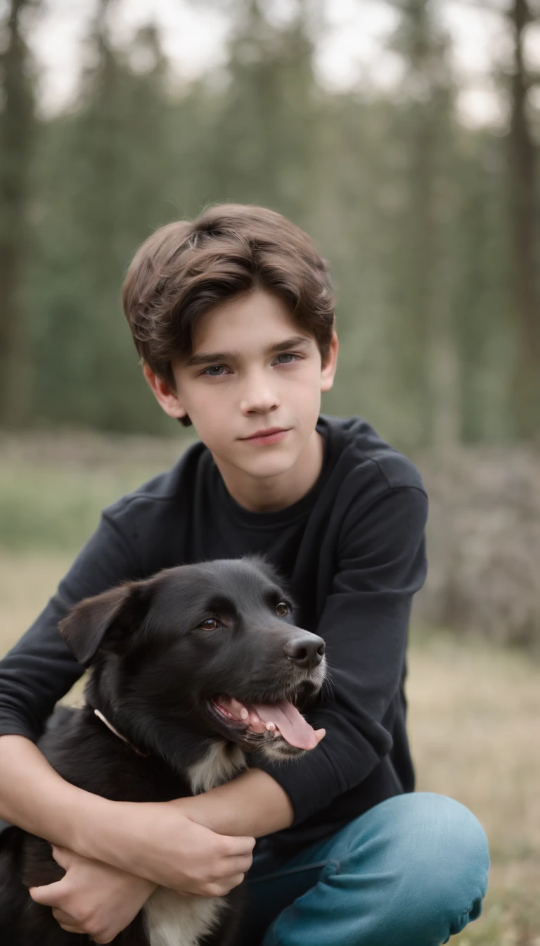 A beautiful and tender but masculine boy of 12 years old in a park playing with white skin, blue eyes, light brown hair