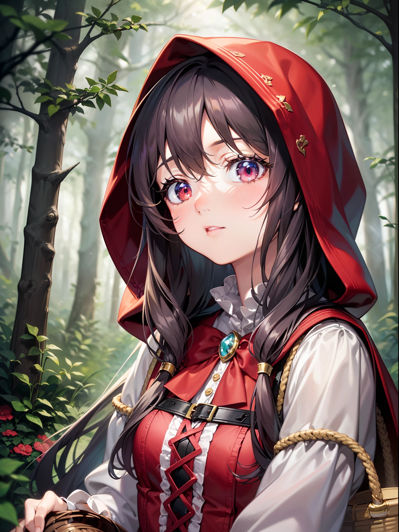 ((Finest quality)),(超A high resolution),(ultra-detailliert),((Best Anime)),sharpnes,vivid:1.1,Fantasy art with astounding depictions,In a dimly lit dense forest:1.6, (Little Red Riding Hood girl with basket),anxious expression,Standing:1.3