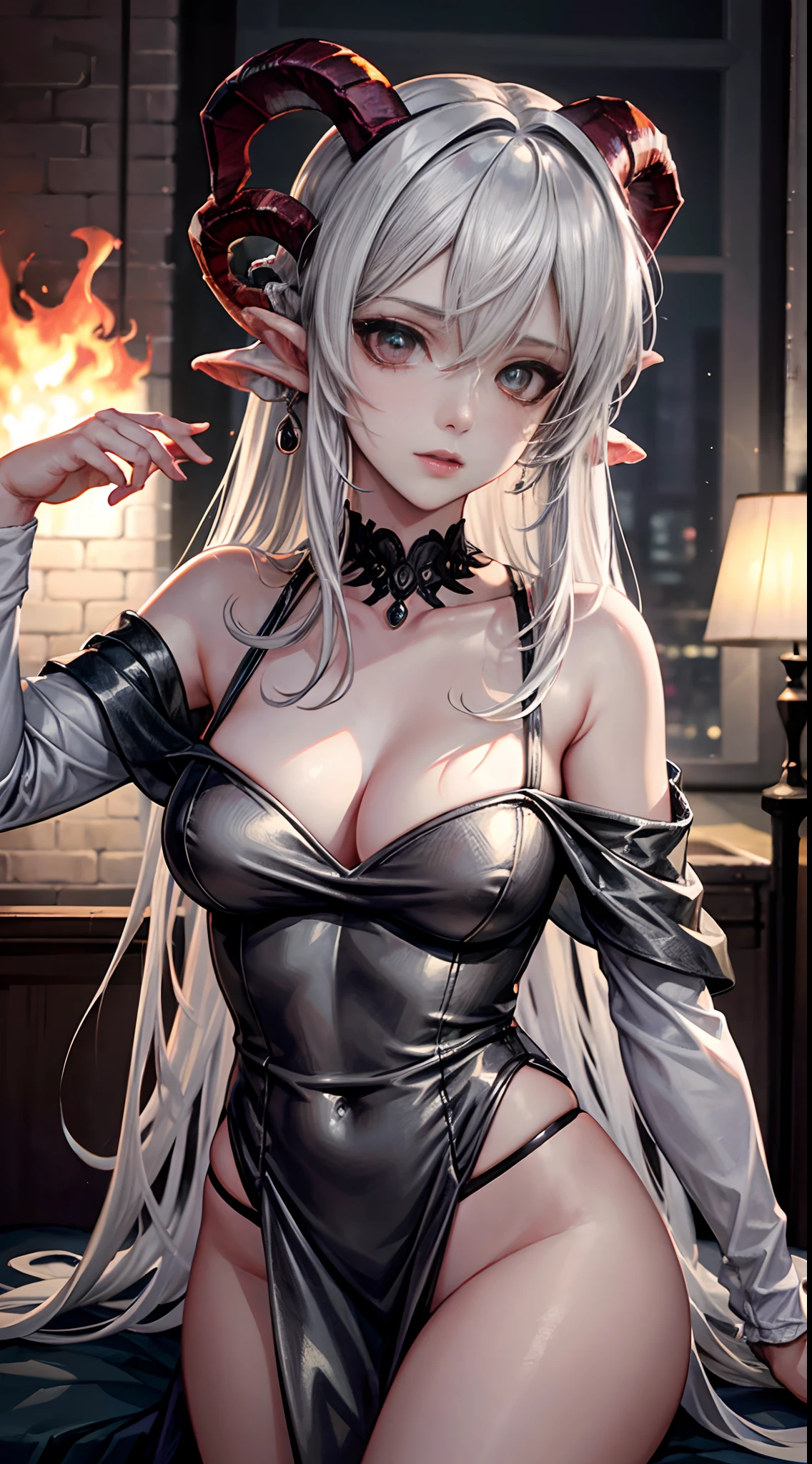 building on fire as background, flowing in room, female devil with the horns, fire as background, White color hair, Off-the-shoulder attire, sexy dress, masterpiece, (high detail:1.1), Rough face, seductive, sexy pose, fashion model posing, Large breasts, Natural skin, high quality, NSFW, beautiful eyes, (Detailed face and eyes), (the face: 1 2), noises, Extra, real photograph, PSD, Lamp film photography, sharp focus, contrasty lighting, Delicate skin, High resolution 8K, insanely details, realistic-lying, professional photo shooting, 8K UHD, SLR camera shot, soft lighting, high high quality, film-grain, Fuji film XT3