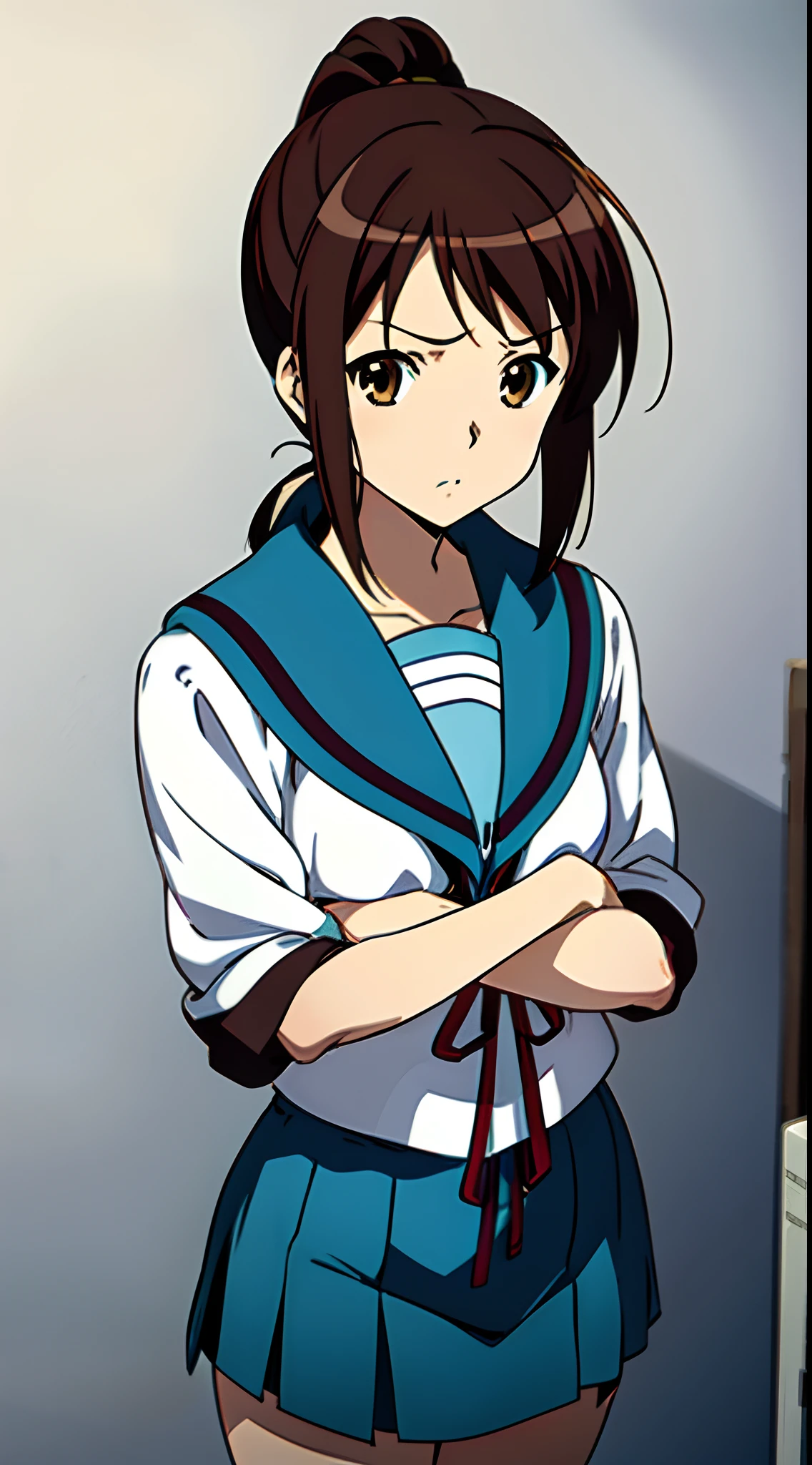 kyoani style, anime style, standing girl, 1 girl, solo, 1 girl, upper body, (from the front), brown hair, ponytail hairstyle, brown eyes, looking down, facing camera, (flat breast), [suzumiya haruhi], sailor uniform, hands on hip, scornful eyes, white and light blue uniform, bored face