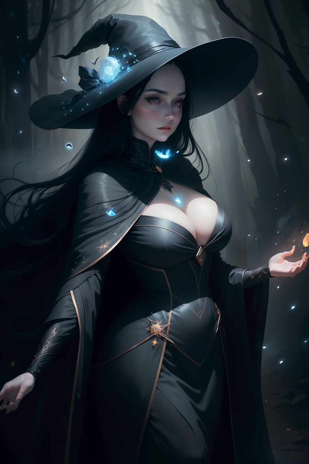 Sensual beautiful woman with round cheeks, realistic facial expression, long black hair, light blue eyes, pale skin, wearing black robe with rich decoration, witch, confident expression, big breasts (magic mysterious background, fireflies, glowing particles, ethereal fog, faint darkness), high saturation, film light, rim light, best shadows