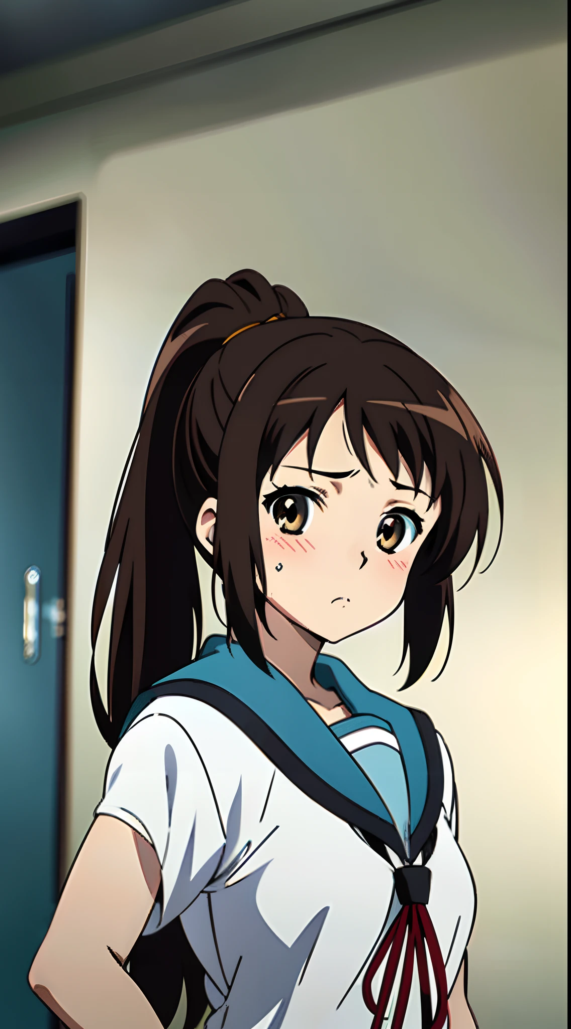 kyoani style, anime style, standing girl, 1 girl, solo, 1 schoolgirl, upper body, (from the front), brown hair, ponytail hairstyle, brown eyes, looking down, facing camera, (flat breast), [suzumiya haruhi], sailor uniform, hands on hip, blushed eyes, white and light blue uniform, blushed face, blush