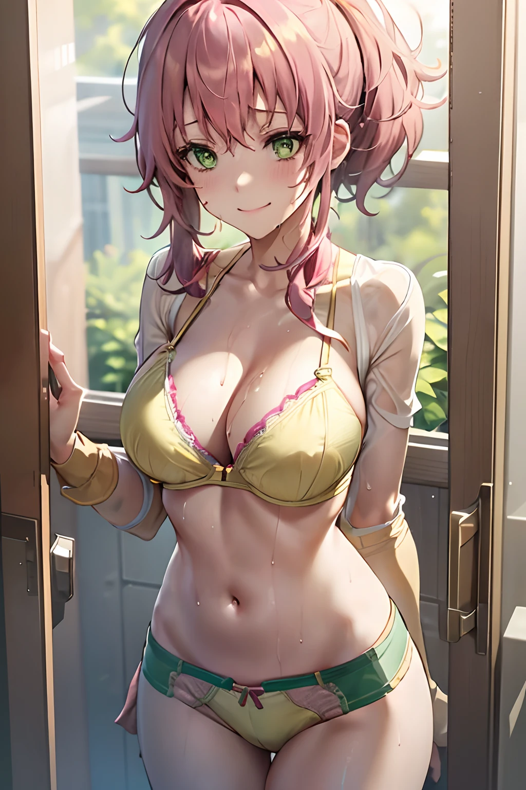 Juna Crawford, poneyTail, Green eyes, Big breasts,A pink-haired, (((Wet and sheer yellow bra))), (((Wet and light yellow panties))), A smile, embarrassed from, Adults, dress room, nipples,