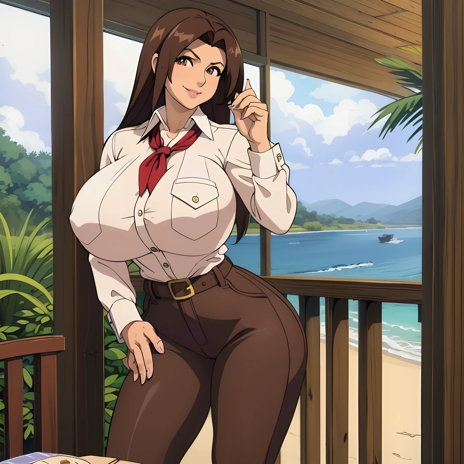 Denise Milani, latina, Hispanic, dark skin, solo, 1girl, brown hair, long hair, red neckerchief, Denise Milani body type, beautiful, smile, Amazon River explorer from the 1920s, gun holster on hip, gun in holster, white pinstripe button up shirt, shirt unbuttoned, shirt tucked into brown pants, Brazilian market, shops, vendors, outside, chatting with viewer, holding ore