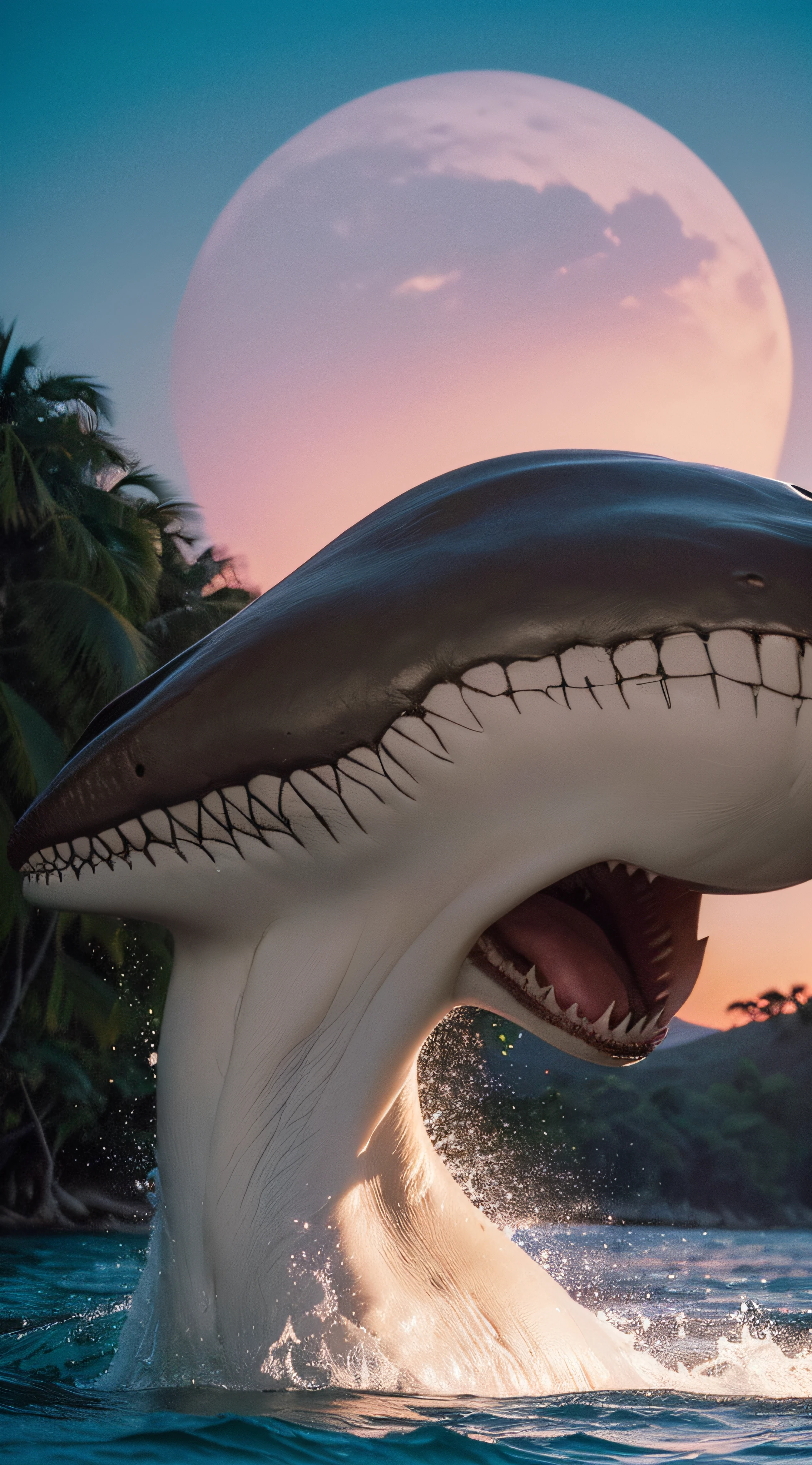 (extremadamente detallado, obra maestra, La mejor calidad, foto antigua, principios de siglo, VHS Aesthetics).(big mutant: head of a white shark and body of a T-Rex.)(jungla espesa), luz amanecer.