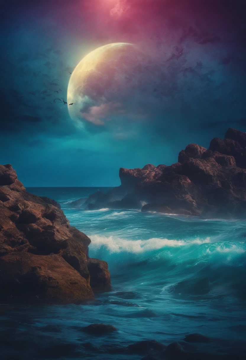 Psychedelic ocean scene fantasy horror colorful nightmare moon monsters