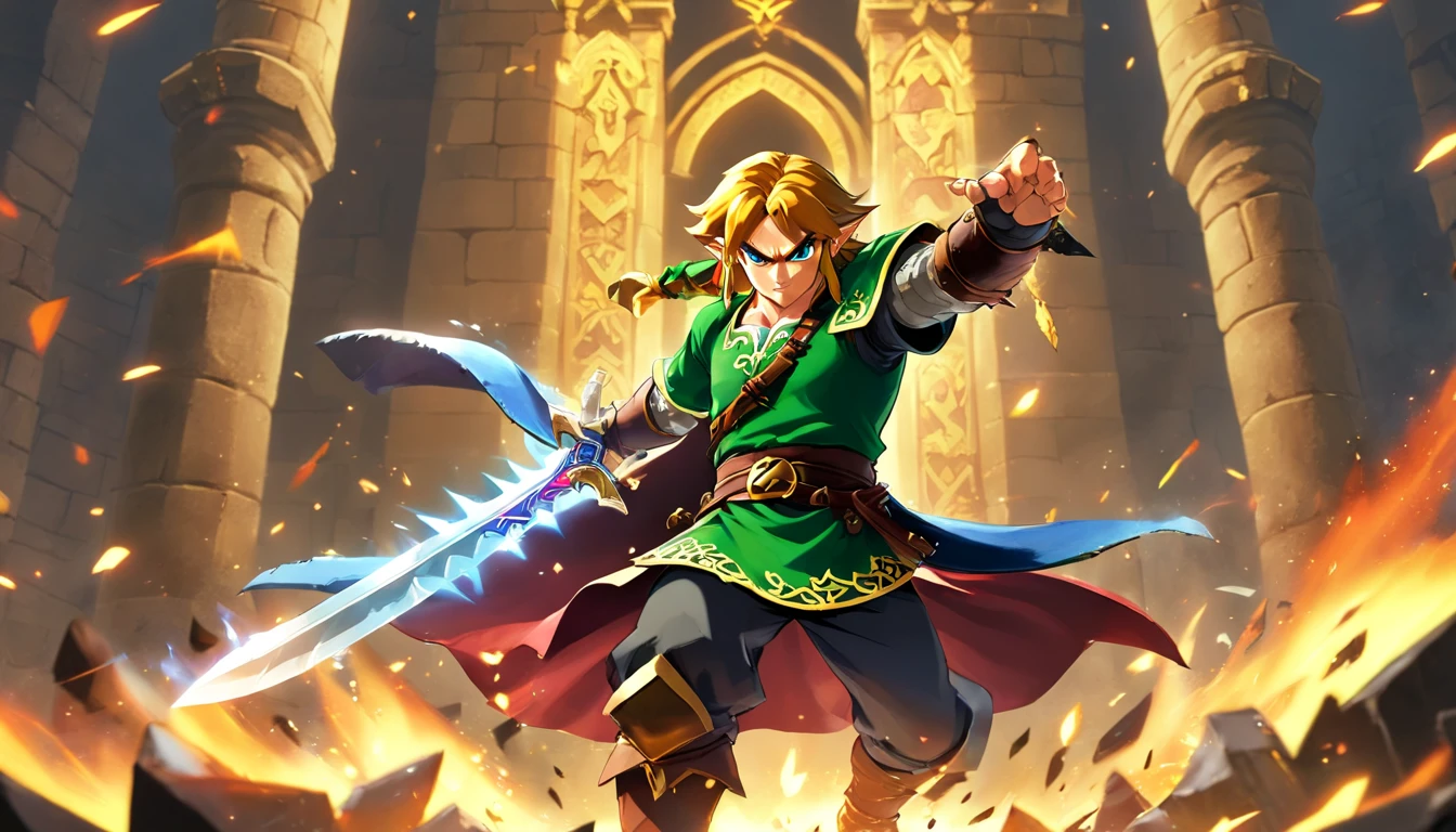link and ganondorf in an epic fight scene,battle in a mystical,towering castle,link wearing his iconic green tunic,wielding the Master Sword,navigating through glowing magical ruins,link enduring spellbinding attacks,swiftly dodging ganondorf's dark magic,powerful gusts of wind blowing through the battlefield,link's face expressing determination and bravery,ganondorf emanating a menacing aura,cracks of lightning flashing in the sky,ganondorf wearing his dark armor and wielding a wicked blade,revealing intricate details on both characters and their weapons,explosive magic spells lighting up the scene with vibrant colors,the castle's walls adorned with ancient symbols,creating an atmosphere of ancient magic and history,the clash of swords resonating throughout the battlefield,creating a sense of intensity and adrenaline,chunky debris flying as a result of their clashes,link unleashing a powerful finishing move on ganondorf,defeating him in a climactic finale,leaving behind a sense of triumph and victory.