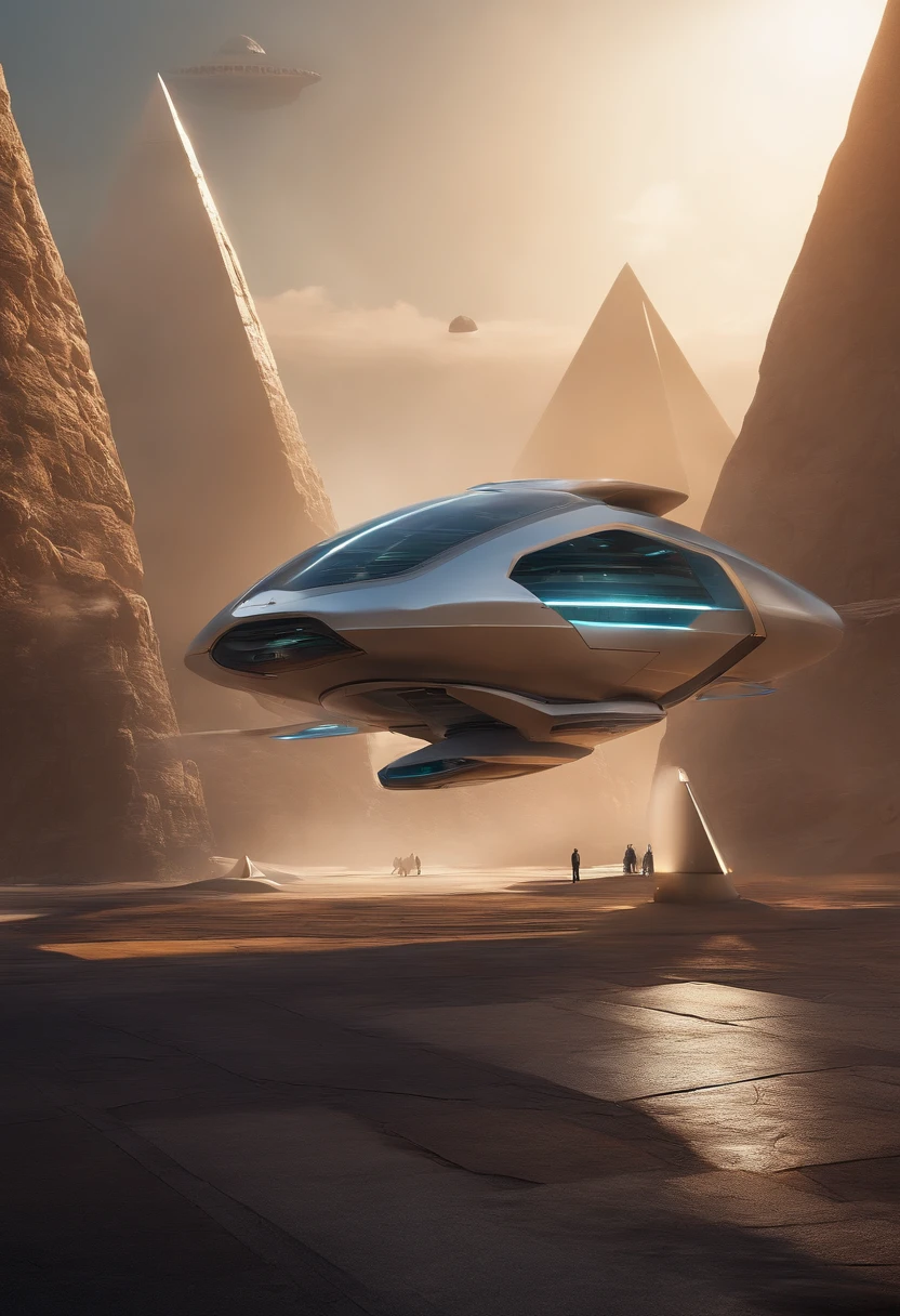 (best quality, highres, realistic:1.37), (futuristic decor, futuristic environment, futuristic design), (photorealistic pyramids, photorealistic architecture, detailed pyramid structures), (vivid colors, vibrant colors), (light and shadows, dynamic lighting), (sleek and modern, clean lines), (futuristic technology, advanced robotics), (sci-fi atmosphere, futuristic atmosphere), (flying vehicles, hovercrafts, drones), (advanced civilization, futuristic society)