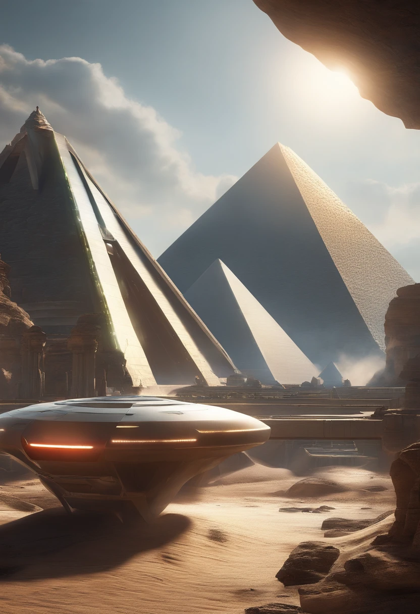 (best quality, highres, realistic:1.37), (futuristic decor, futuristic environment, futuristic design), (photorealistic pyramids, photorealistic architecture, detailed pyramid structures), (vivid colors, vibrant colors), (light and shadows, dynamic lighting), (sleek and modern, clean lines), (futuristic technology, advanced robotics), (sci-fi atmosphere, futuristic atmosphere), (flying vehicles, hovercrafts, drones), (advanced civilization, futuristic society)