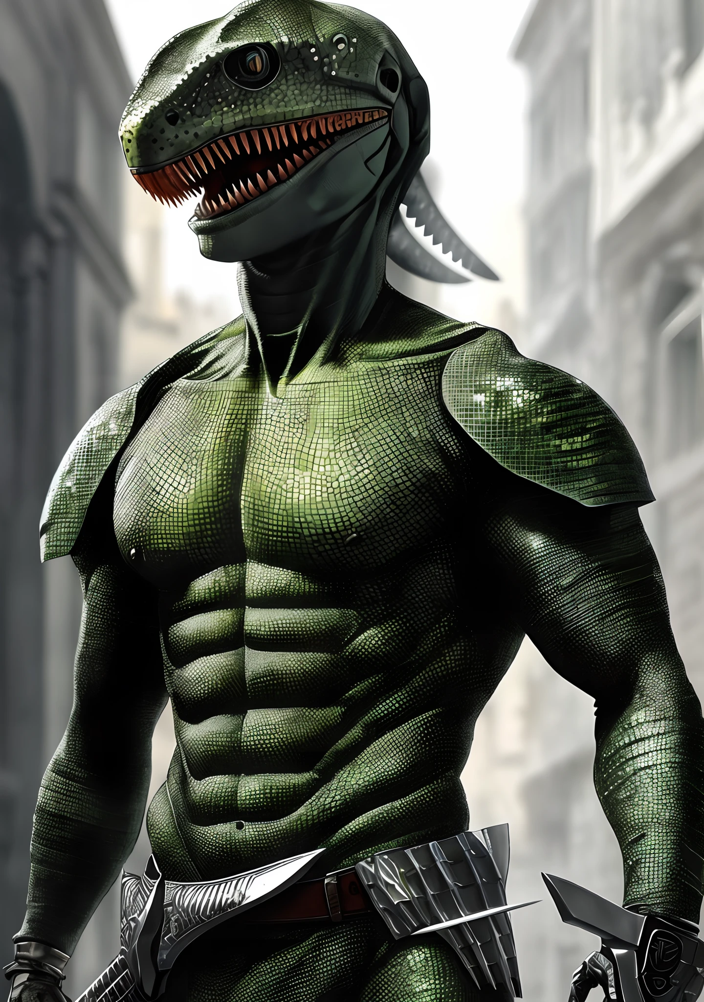 Hombre reptil con armaduras y espada, estilo realista estilizado.