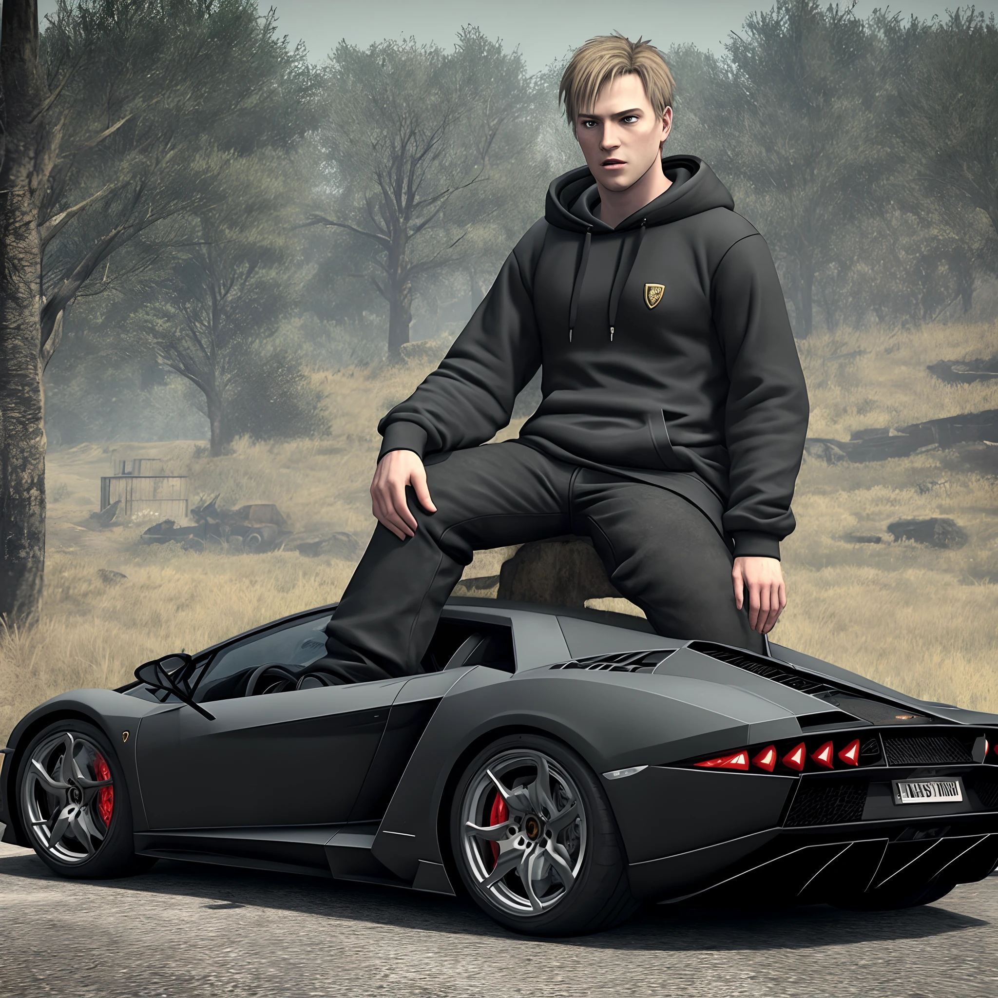 James sunderland from silent hill 2 wearing a black hoodie sitting on top of a Lamborghini