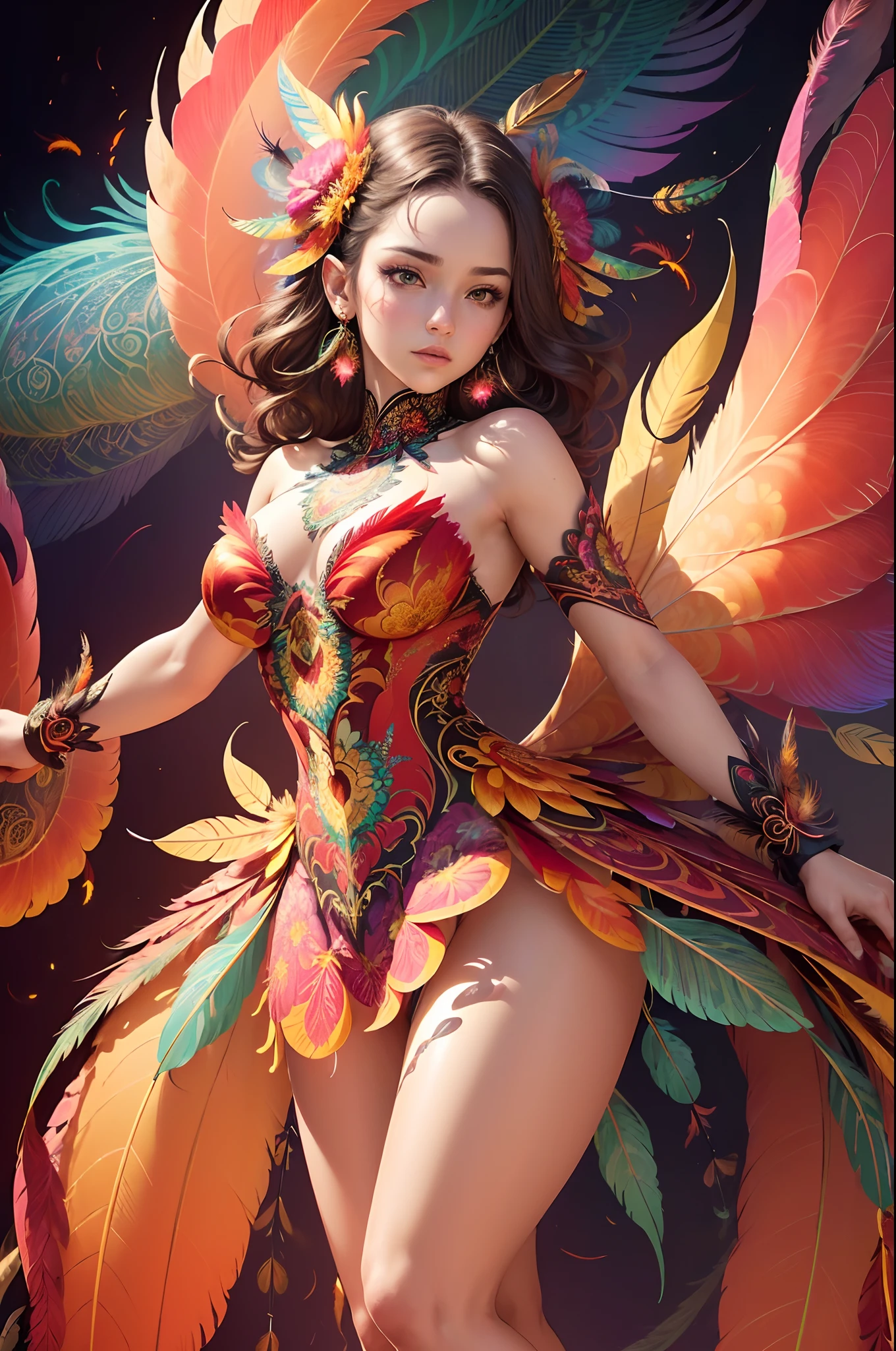 (masterpiece, top quality, best quality, official art, beautiful and aesthetic:1.2), (1girl:1.3), extremely detailed,(fractal art:1.1),(colorful:1.1)(flowers:1.3),highest detailed,(zentangle:1.2), (dynamic pose), (abstract background:1.3), (shiny skin), (many colors:1.4), ,(earrings), (feathers:1.5) , (Flamethrower:1.3),red background,Phoenix dress,