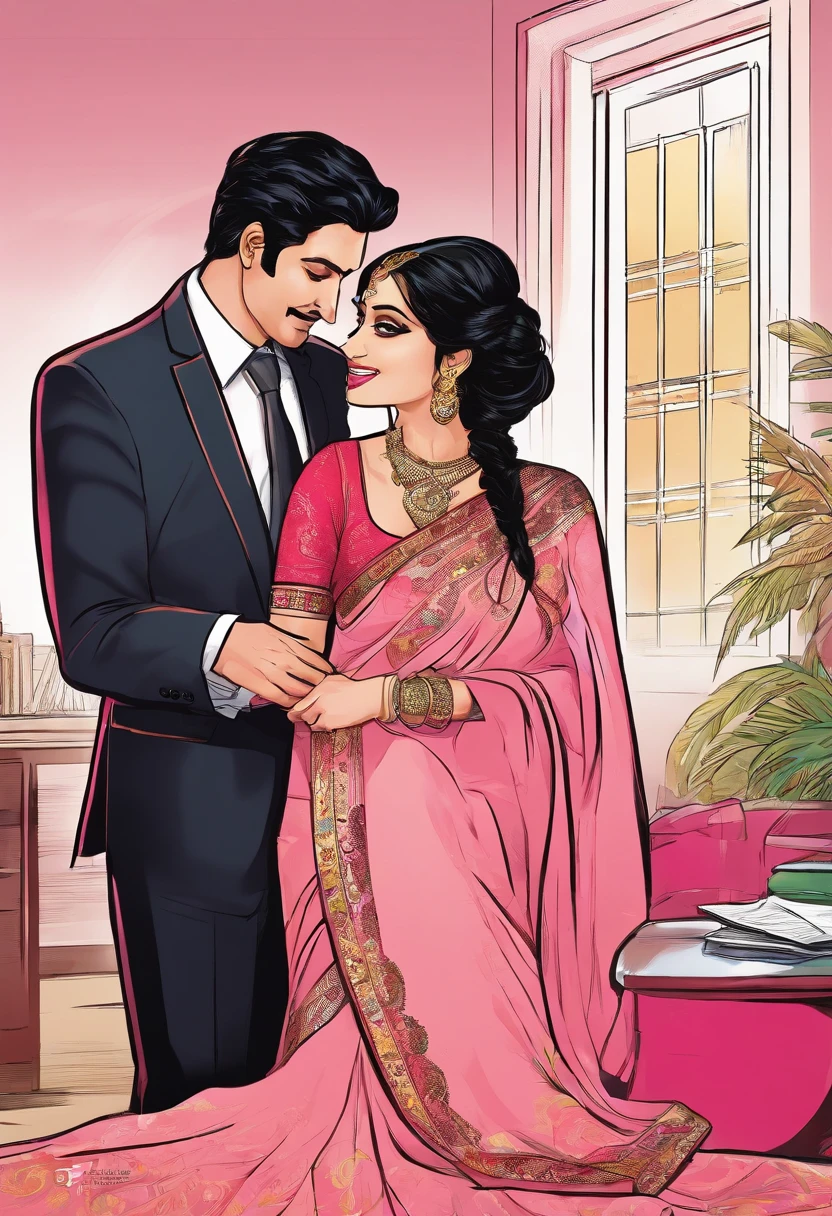 (comic illustration:1.3), Renowned Indian actress sridevi kapoor at the age of 40 wearing a provocative pink saree is getting kissed on her stomach by a man in black suit at his office cabin,(full body image),(navel visible),(cleavage)