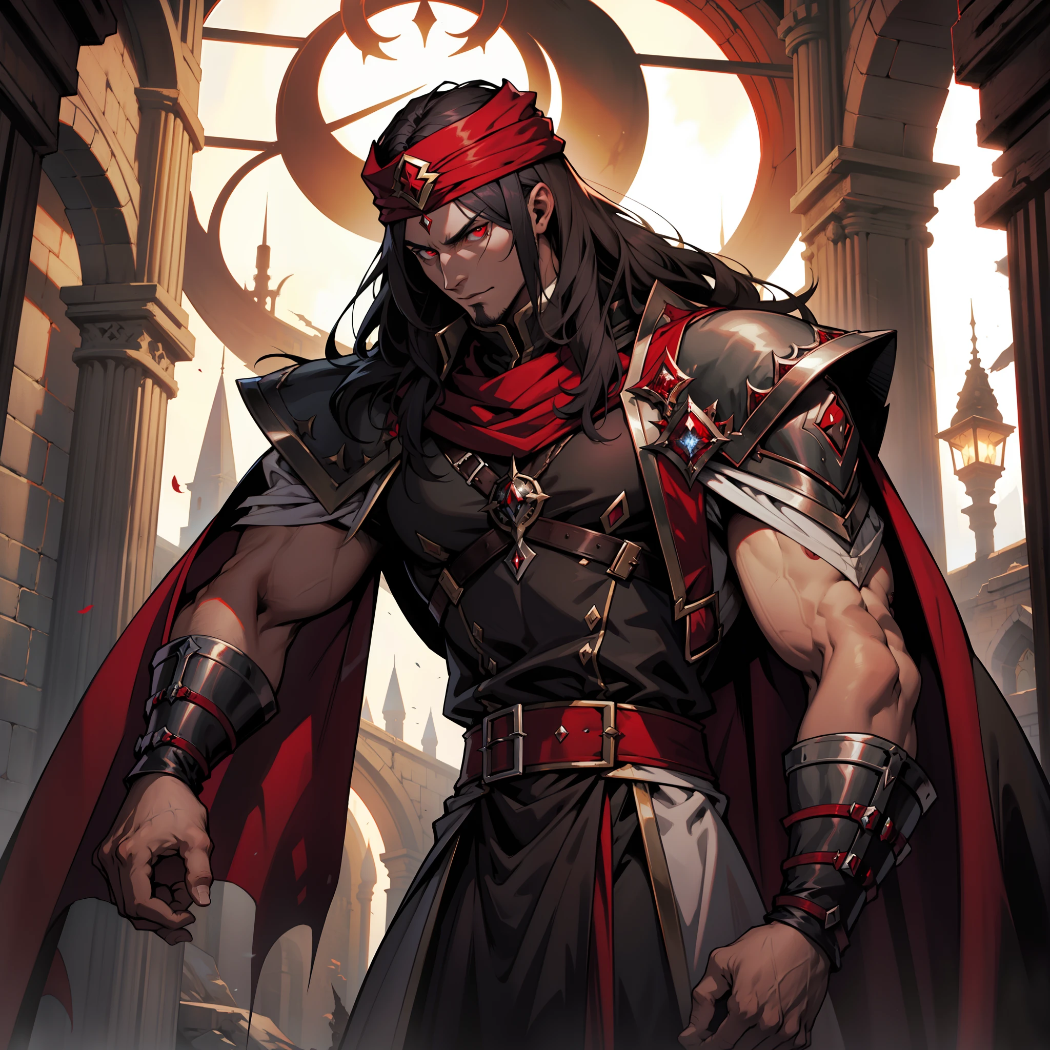 Castlevania, Seigneur des ombres, Seigneur marocain Dracula, with Red Turban Handsome Muscular Warrior Long Hair White Red Eyes Medieval Crystal with its scary demons