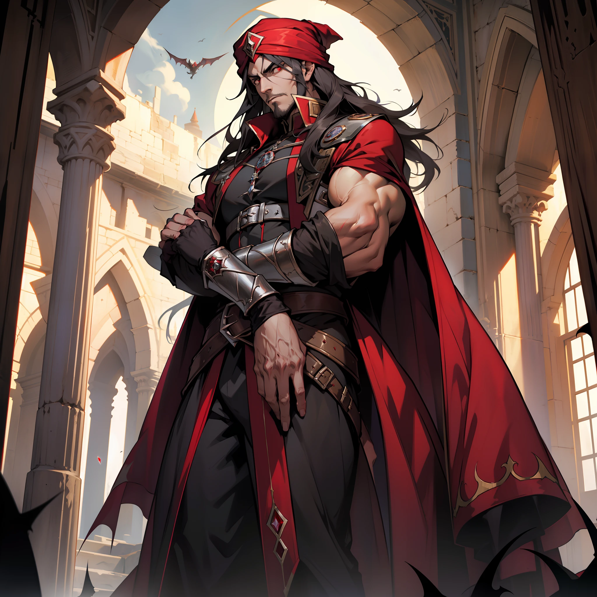 Castlevania, Seigneur des ombres, Seigneur marocain Dracula, with Red Turban Handsome Muscular Warrior Long Hair White Red Eyes Medieval Crystal with its scary demons